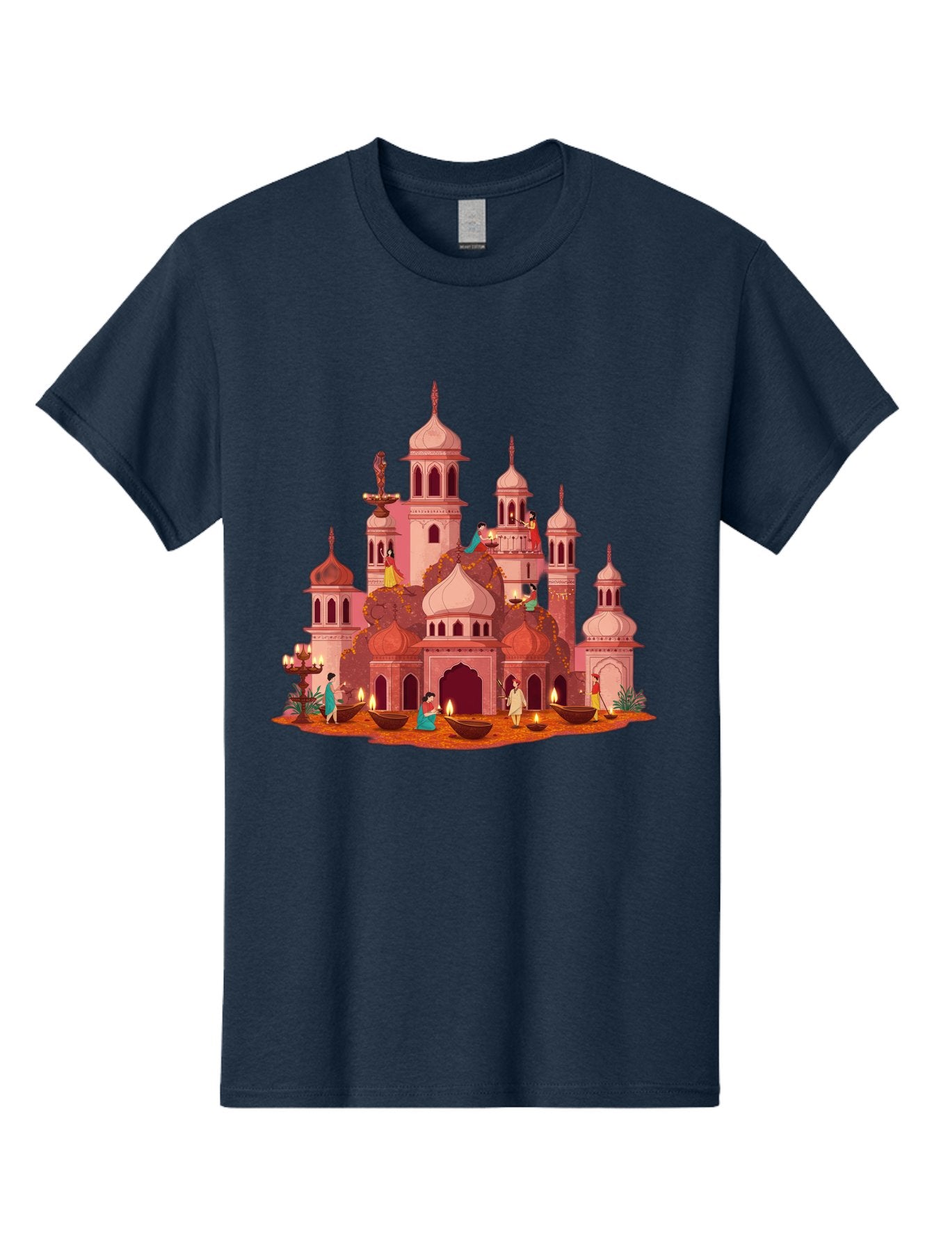 Pink-Palace Men'S Graphic Tee, 100% Cotton, Comfortable Casual Summer Wear, Machine Washable, Pink Castle, Royal Architecture, Ornate Towers, Domed Roofs, People In Traditional Attire, Serene Atmosphere, Lit Candles, Bronze Bowls, Bad435 10