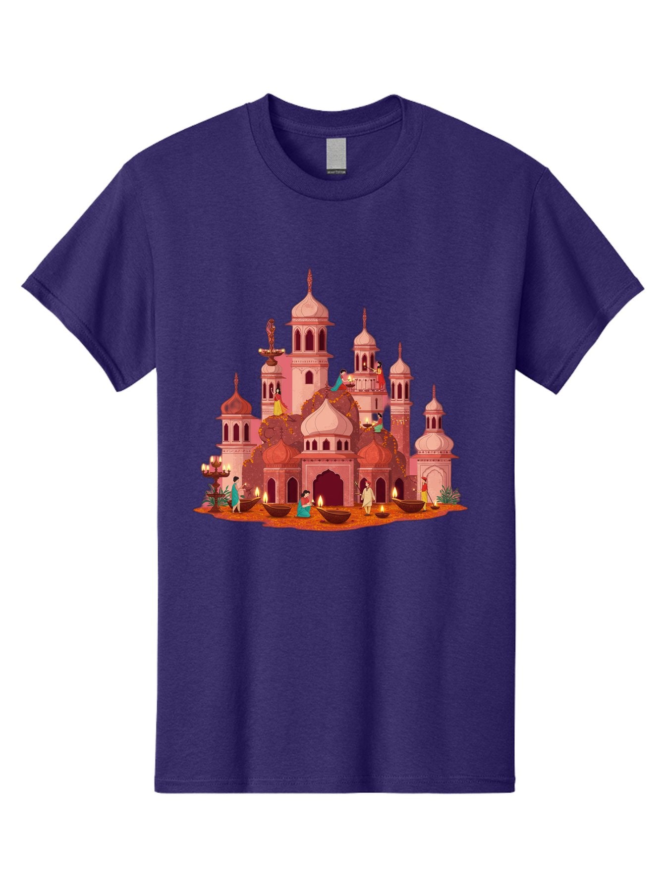 Pink-Palace Men'S Graphic Tee, 100% Cotton, Comfortable Casual Summer Wear, Machine Washable, Pink Castle, Royal Architecture, Ornate Towers, Domed Roofs, People In Traditional Attire, Serene Atmosphere, Lit Candles, Bronze Bowls, Bad435 6