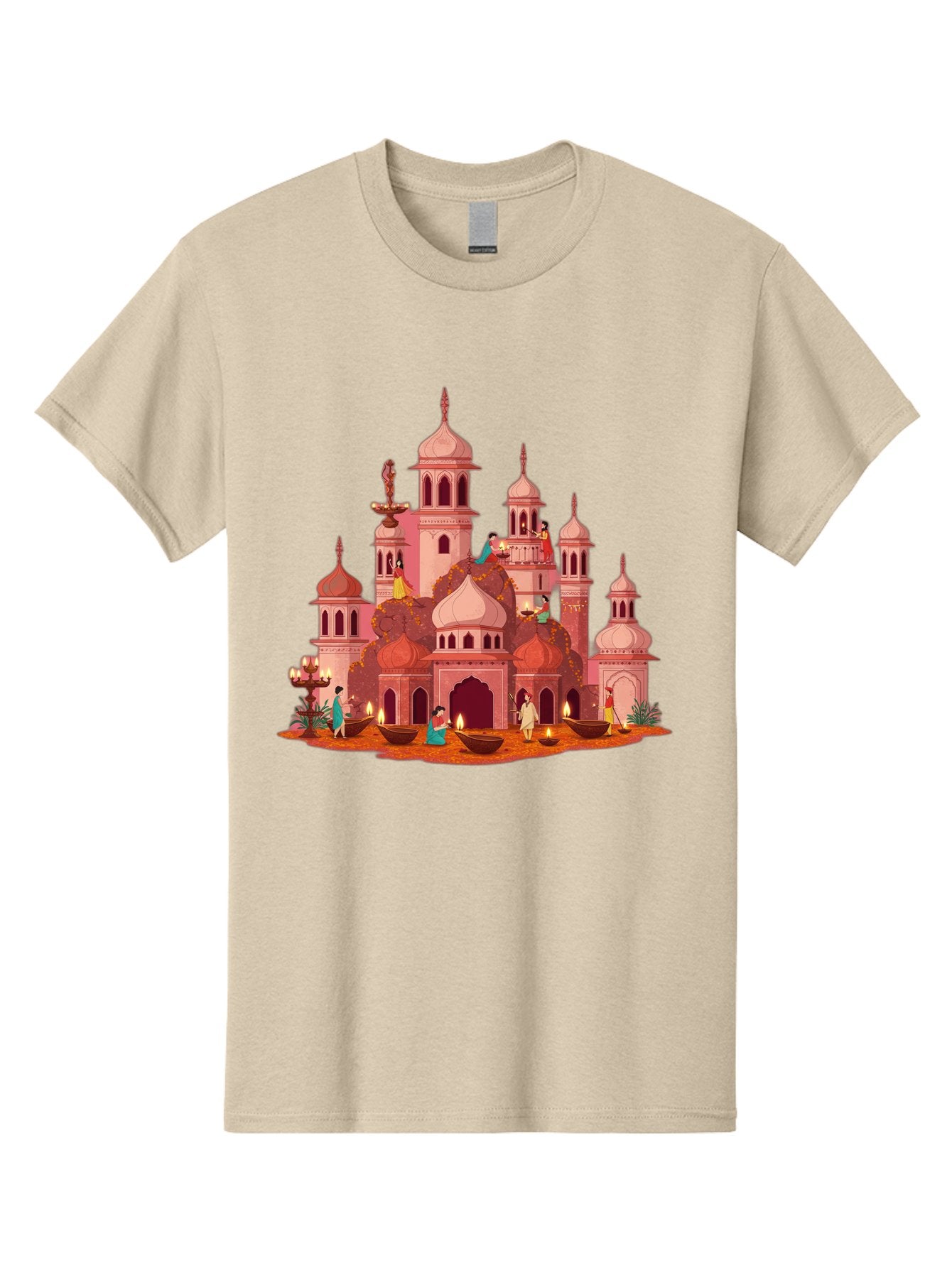 Pink-Palace Men'S Graphic Tee, 100% Cotton, Comfortable Casual Summer Wear, Machine Washable, Pink Castle, Royal Architecture, Ornate Towers, Domed Roofs, People In Traditional Attire, Serene Atmosphere, Lit Candles, Bronze Bowls, Bad435 3