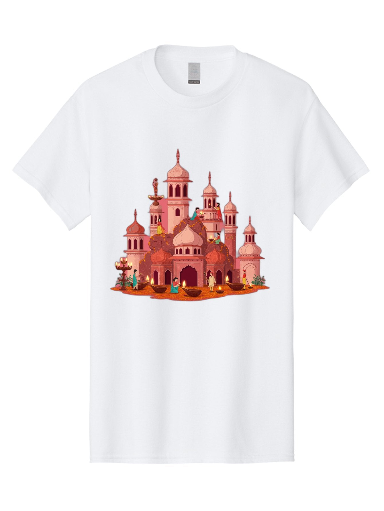 Pink-Palace Men'S Graphic Tee, 100% Cotton, Comfortable Casual Summer Wear, Machine Washable, Pink Castle, Royal Architecture, Ornate Towers, Domed Roofs, People In Traditional Attire, Serene Atmosphere, Lit Candles, Bronze Bowls, Bad435 5