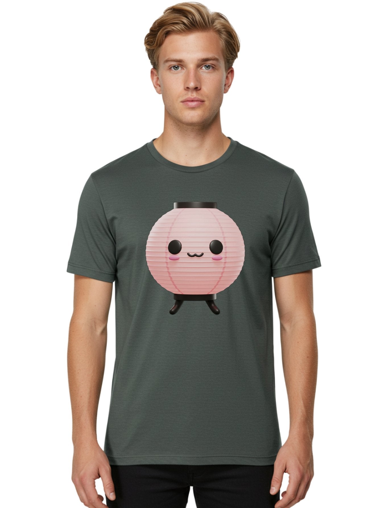 Pink-Paper-Lantern Men'S Graphic Tee, 100% Cotton, Comfortable Casual Summer Wear, Machine Washable, Pink Paper Lantern, Cute Character, Kawaii Culture, Cartoon Style, Smiling Face, Rosy Cheeks, Round Eyes, Black Stand, Kawaii Aesthetic, Bad436 20