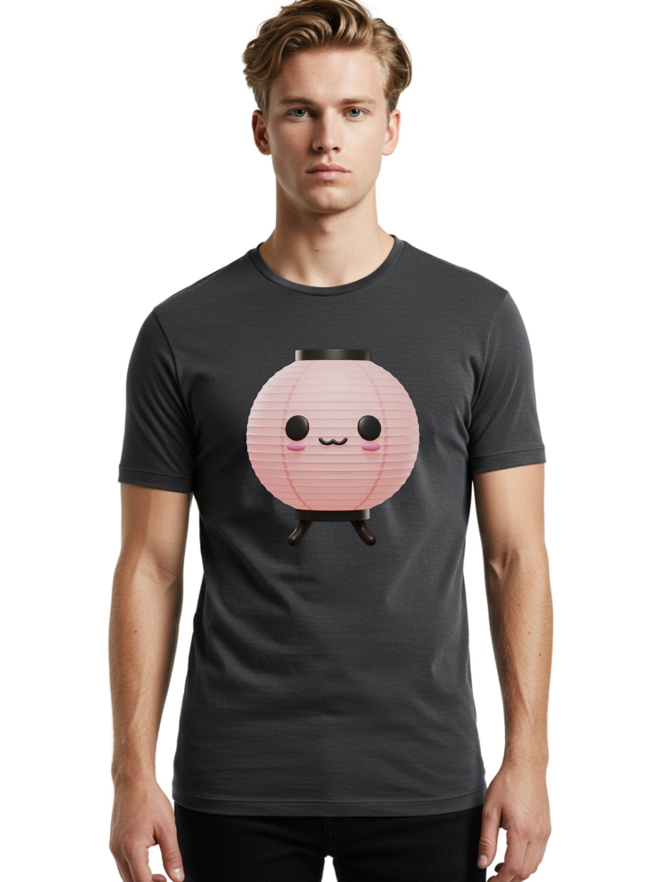 Pink-Paper-Lantern Men'S Graphic Tee, 100% Cotton, Comfortable Casual Summer Wear, Machine Washable, Pink Paper Lantern, Cute Character, Kawaii Culture, Cartoon Style, Smiling Face, Rosy Cheeks, Round Eyes, Black Stand, Kawaii Aesthetic, Bad436 25