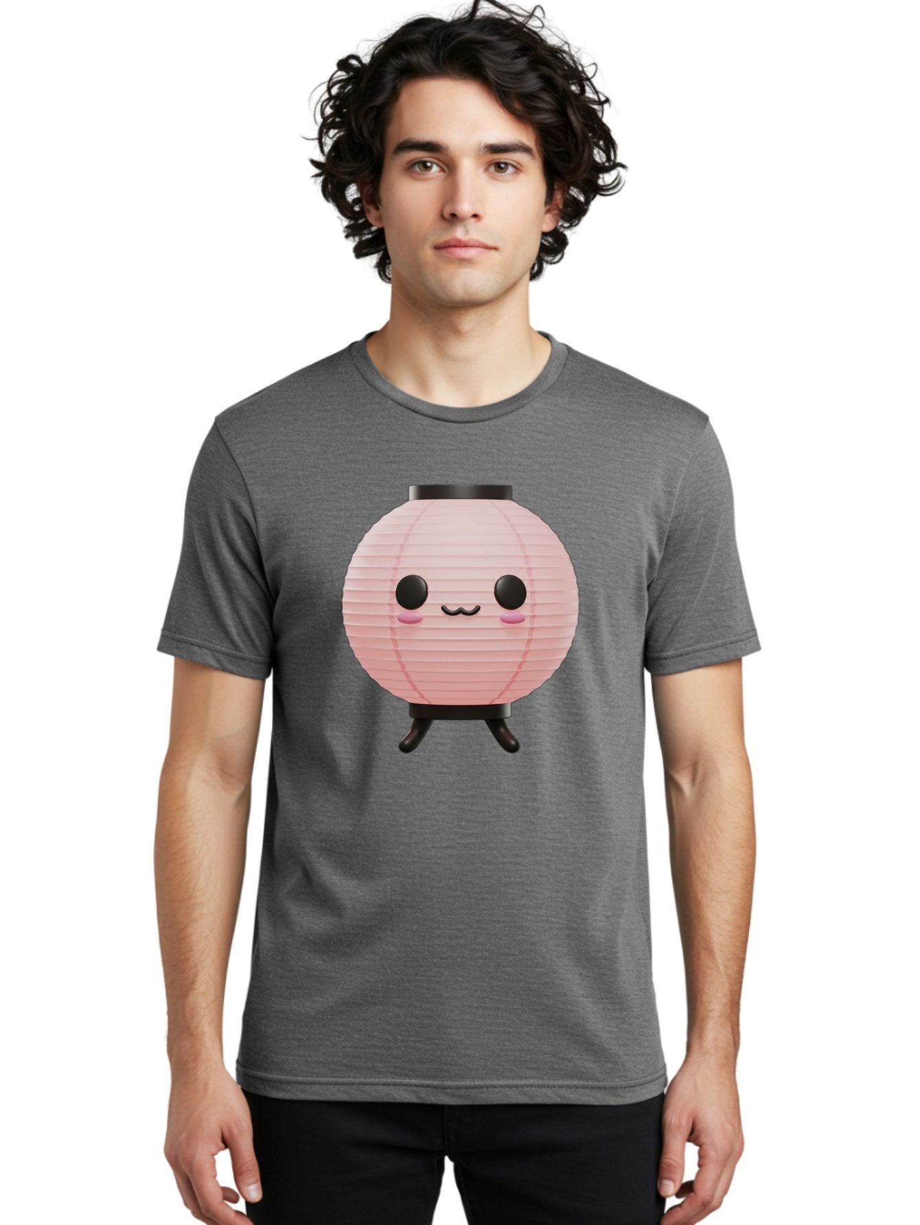 Pink-Paper-Lantern Men'S Graphic Tee, 100% Cotton, Comfortable Casual Summer Wear, Machine Washable, Pink Paper Lantern, Cute Character, Kawaii Culture, Cartoon Style, Smiling Face, Rosy Cheeks, Round Eyes, Black Stand, Kawaii Aesthetic, Bad436 18