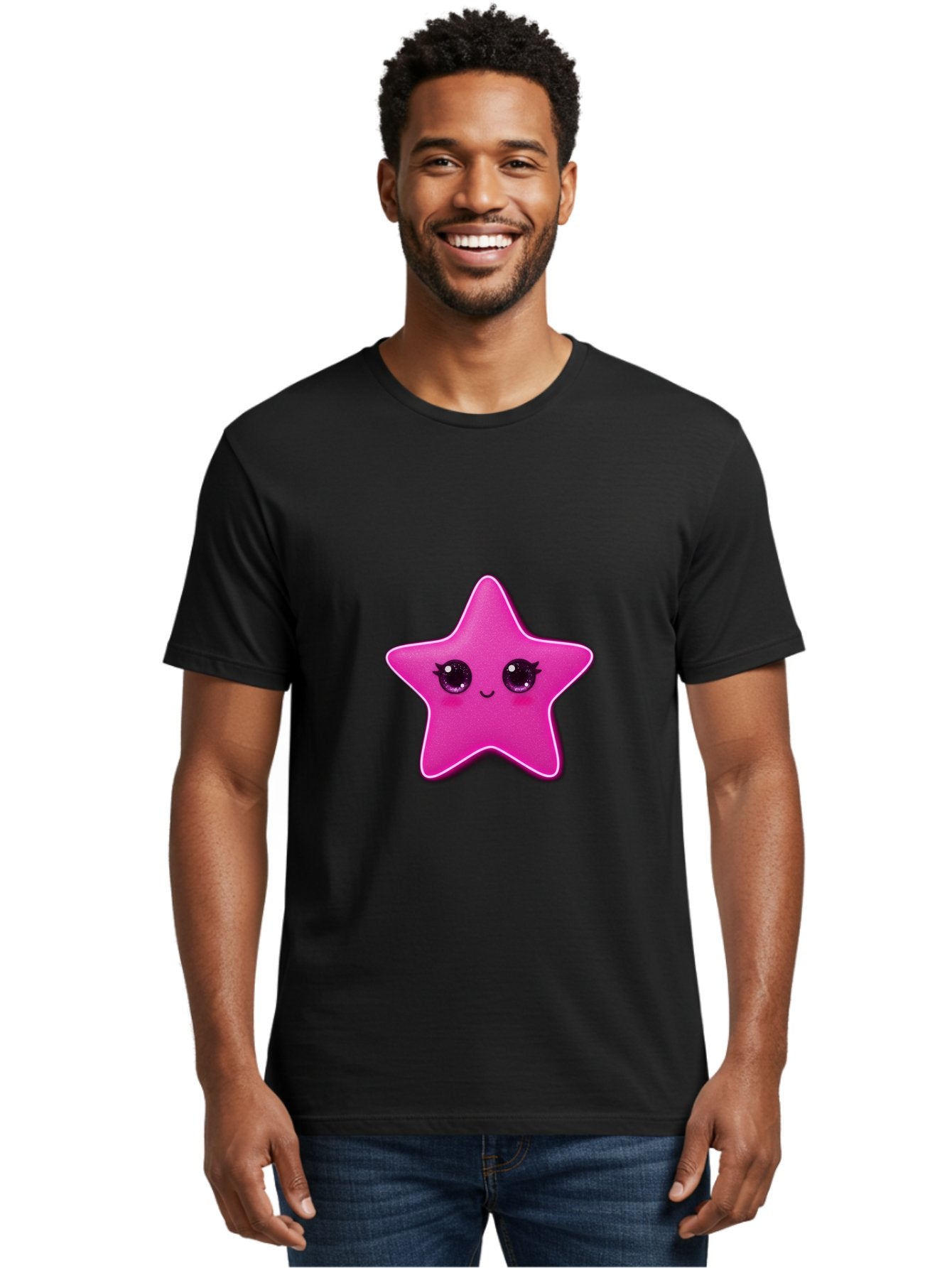 Pink-Star Men'S Graphic Tee, 100% Cotton, Comfortable Casual Summer Wear, Machine Washable, Pink Star, Cute Face, Cartoon Character, Kawaii Design, Sparkly Eyes, Sweet Expression, Whimsical Illustration, Feminine Charm, Playful Graphics Bad438 23
