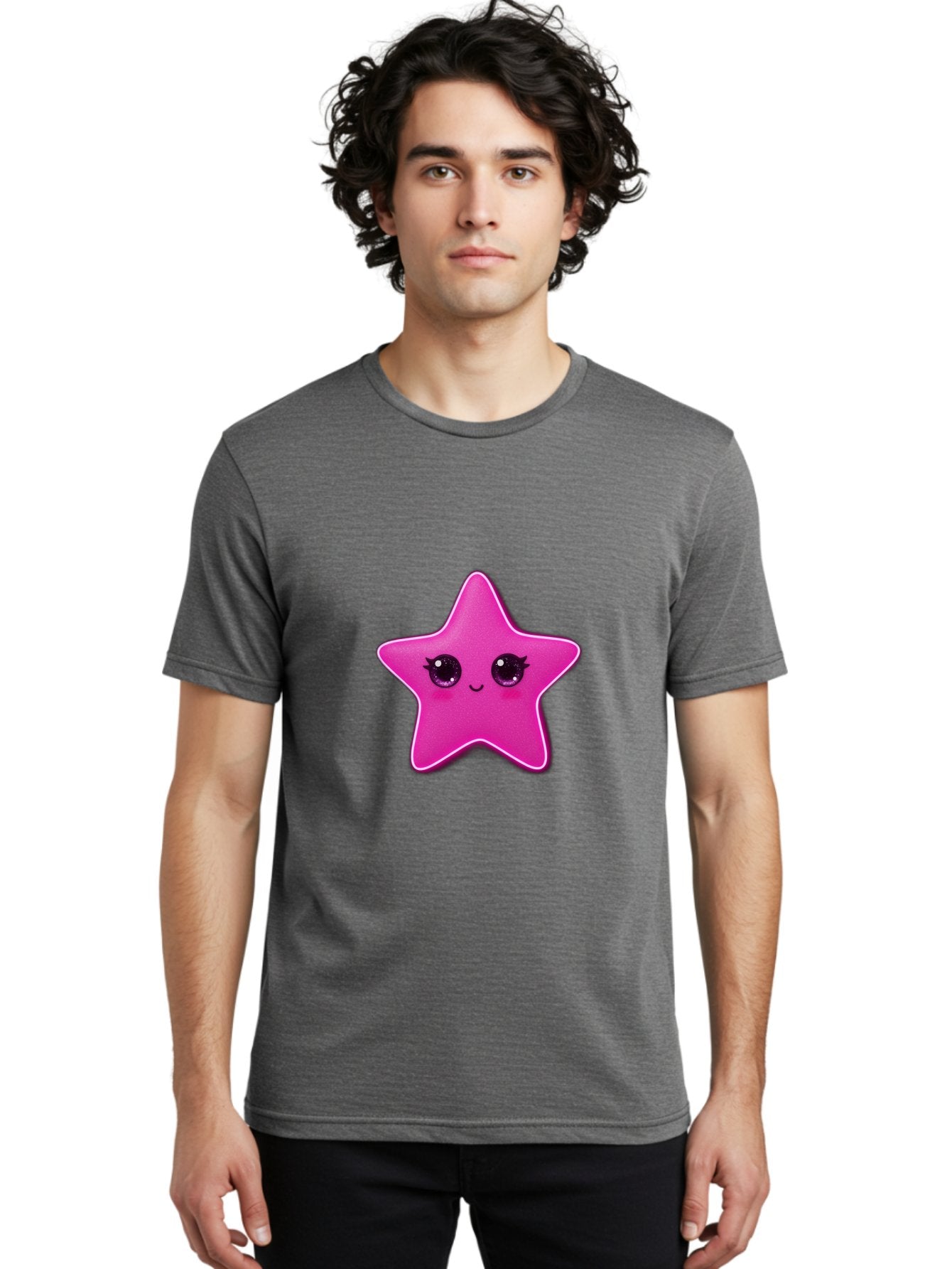 Pink-Star Men'S Graphic Tee, 100% Cotton, Comfortable Casual Summer Wear, Machine Washable, Pink Star, Cute Face, Cartoon Character, Kawaii Design, Sparkly Eyes, Sweet Expression, Whimsical Illustration, Feminine Charm, Playful Graphics Bad438 24