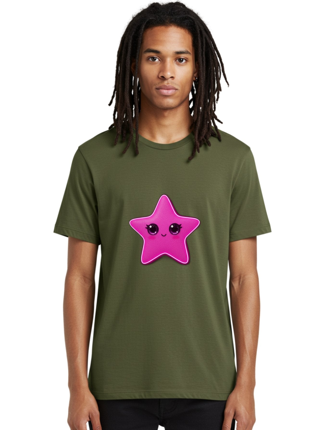Pink-Star Men'S Graphic Tee, 100% Cotton, Comfortable Casual Summer Wear, Machine Washable, Pink Star, Cute Face, Cartoon Character, Kawaii Design, Sparkly Eyes, Sweet Expression, Whimsical Illustration, Feminine Charm, Playful Graphics Bad438 29