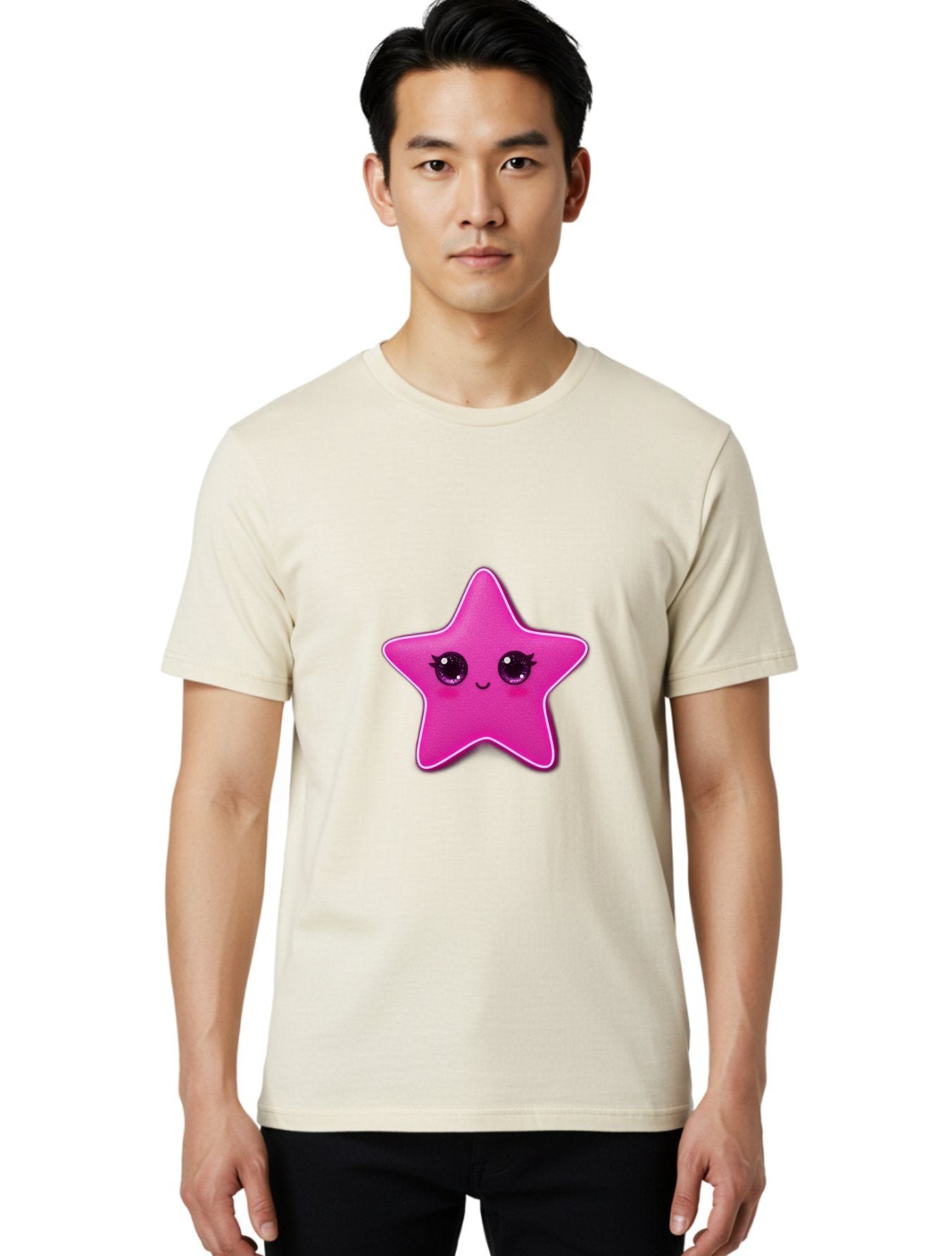 Pink-Star Men'S Graphic Tee, 100% Cotton, Comfortable Casual Summer Wear, Machine Washable, Pink Star, Cute Face, Cartoon Character, Kawaii Design, Sparkly Eyes, Sweet Expression, Whimsical Illustration, Feminine Charm, Playful Graphics Bad438 28