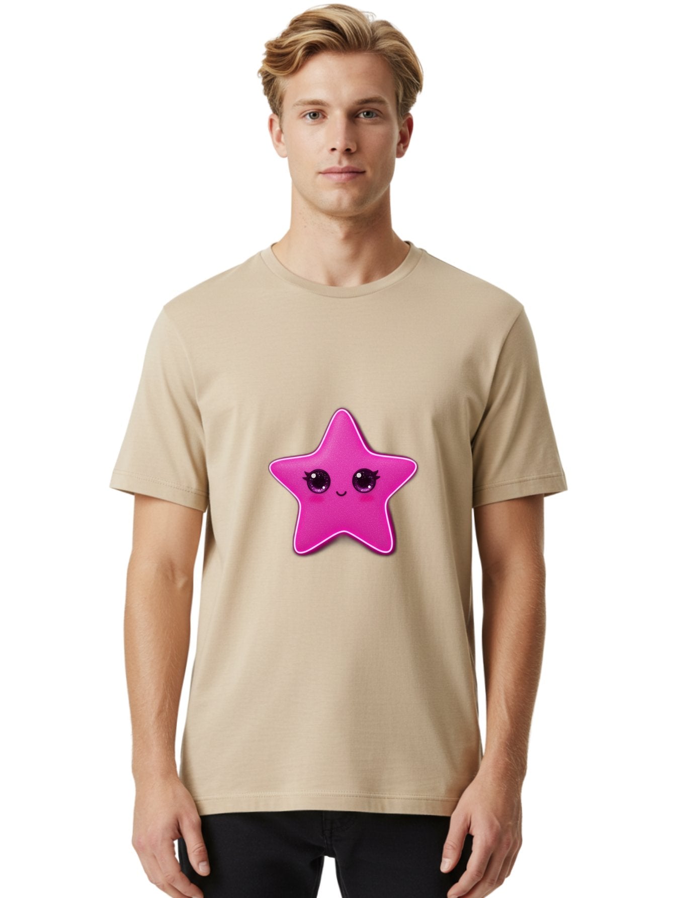 Pink-Star Men'S Graphic Tee, 100% Cotton, Comfortable Casual Summer Wear, Machine Washable, Pink Star, Cute Face, Cartoon Character, Kawaii Design, Sparkly Eyes, Sweet Expression, Whimsical Illustration, Feminine Charm, Playful Graphics Bad438 20