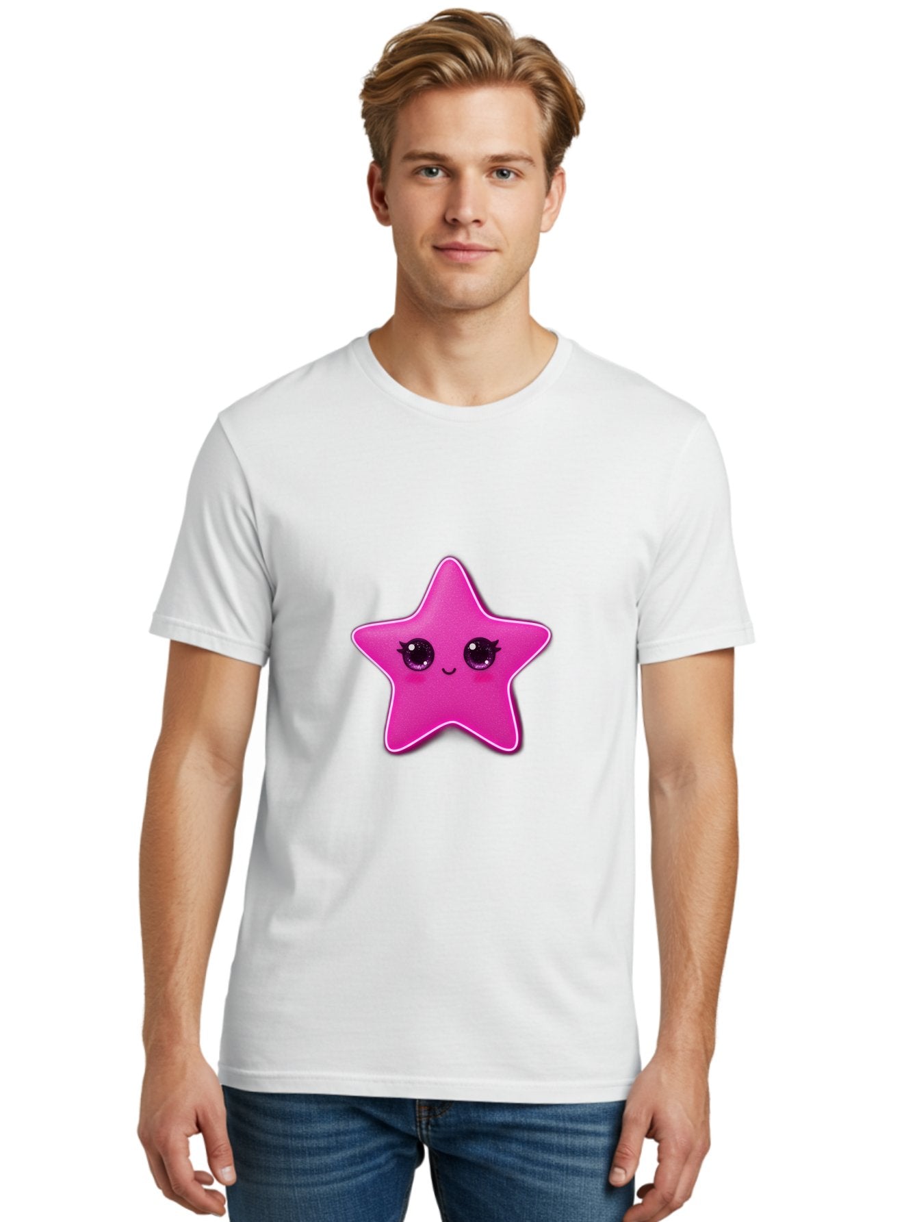 Pink-Star Men'S Graphic Tee, 100% Cotton, Comfortable Casual Summer Wear, Machine Washable, Pink Star, Cute Face, Cartoon Character, Kawaii Design, Sparkly Eyes, Sweet Expression, Whimsical Illustration, Feminine Charm, Playful Graphics Bad438 16