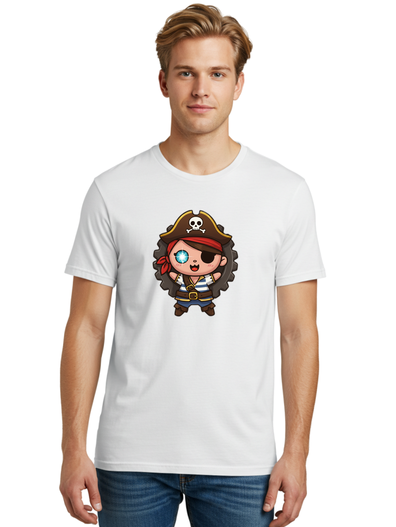 Pirate-Girl Men'S Graphic Tee, 100% Cotton, Comfortable Casual Summer Wear, Machine Washable, Cartoon Pirate Girl, Pirate Costume, Eye Patch, Pirate Hat, Skull And Crossbones, Treasure Hunt, Swashbuckling Adventure, Kawaii Pirate, Bad440 19