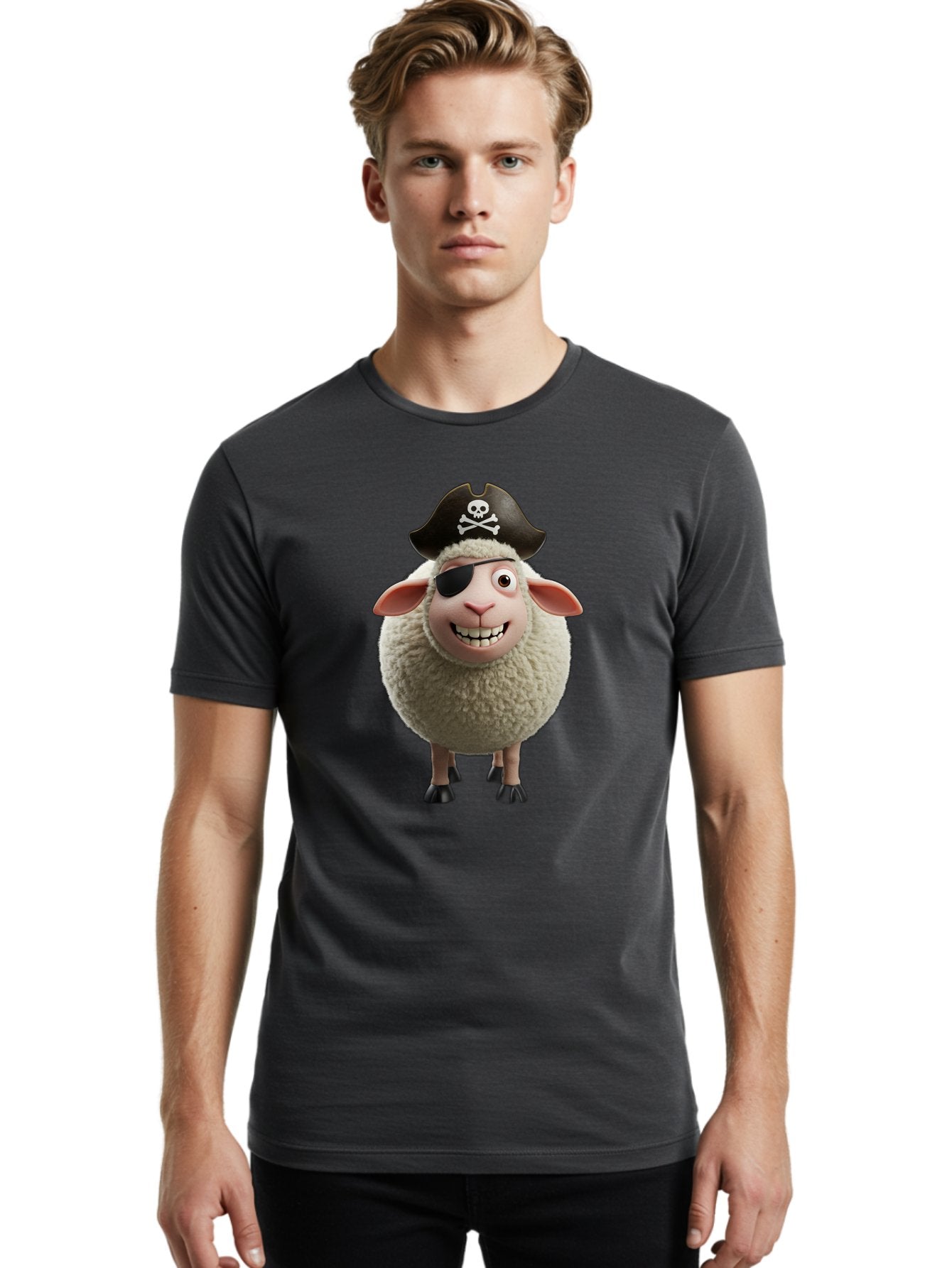 Pirate-Sheep Men'S Graphic Tee, 100% Cotton, Comfortable Casual Summer Wear, Machine Washable, Cartoon Sheep, Pirate Costume, Eye Patch, Skull And Crossbones Hat, Fluffy Sheep, Playful Character, Animated Animal, Pirate Sheep Character, Bad441 24