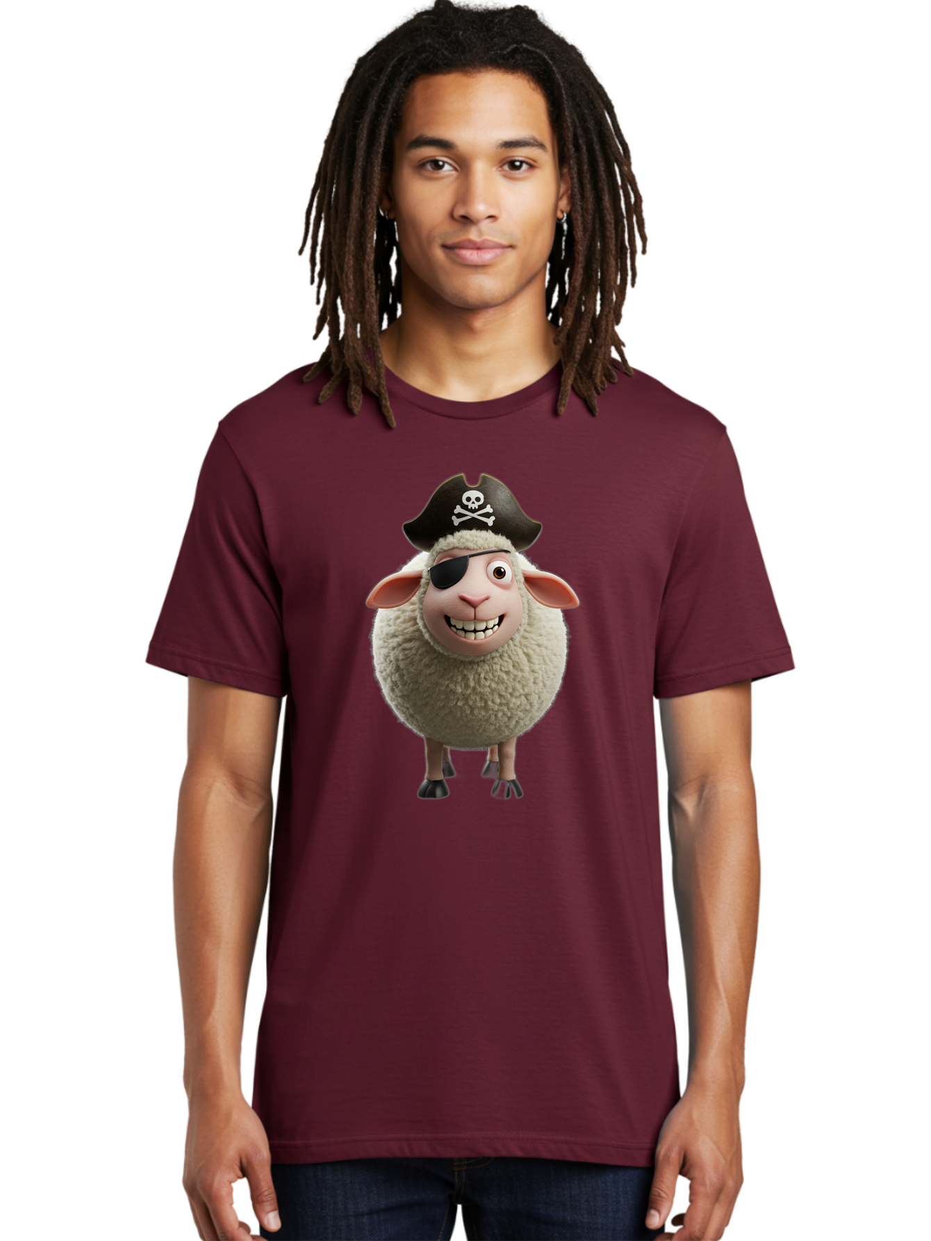 Pirate-Sheep Men'S Graphic Tee, 100% Cotton, Comfortable Casual Summer Wear, Machine Washable, Cartoon Sheep, Pirate Costume, Eye Patch, Skull And Crossbones Hat, Fluffy Sheep, Playful Character, Animated Animal, Pirate Sheep Character, Bad441 20