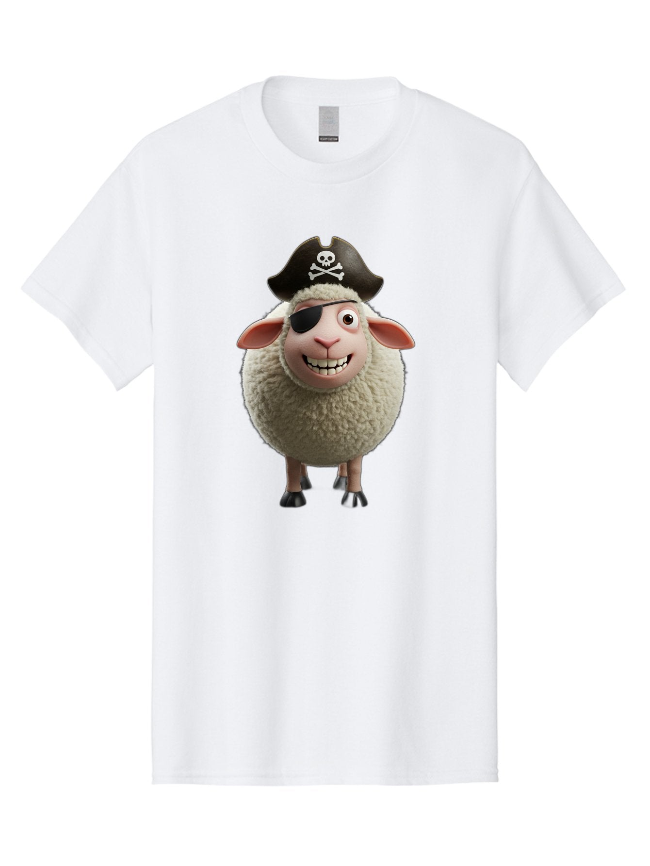 Pirate-Sheep Men'S Graphic Tee, 100% Cotton, Comfortable Casual Summer Wear, Machine Washable, Cartoon Sheep, Pirate Costume, Eye Patch, Skull And Crossbones Hat, Fluffy Sheep, Playful Character, Animated Animal, Pirate Sheep Character, Bad441