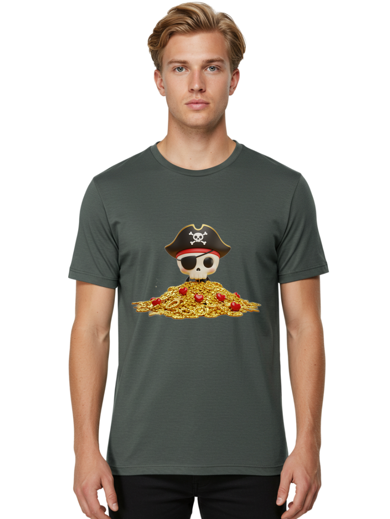 Pirate-Skull Men'S Graphic Tee, 100% Cotton, Comfortable Casual Summer Wear, Machine Washable, Pirate Skull, Treasure Pile, Gold Coins, Jewels, Eye Patch, Pirate Hat, Skull And Crossbones, Pirate Booty, Swashbuckling Adventure, Treasure Hunt, Bad442 21