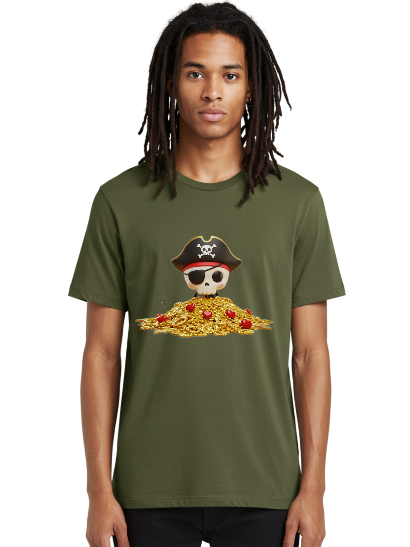 Pirate-Skull Men'S Graphic Tee, 100% Cotton, Comfortable Casual Summer Wear, Machine Washable, Pirate Skull, Treasure Pile, Gold Coins, Jewels, Eye Patch, Pirate Hat, Skull And Crossbones, Pirate Booty, Swashbuckling Adventure, Treasure Hunt, Bad442 27