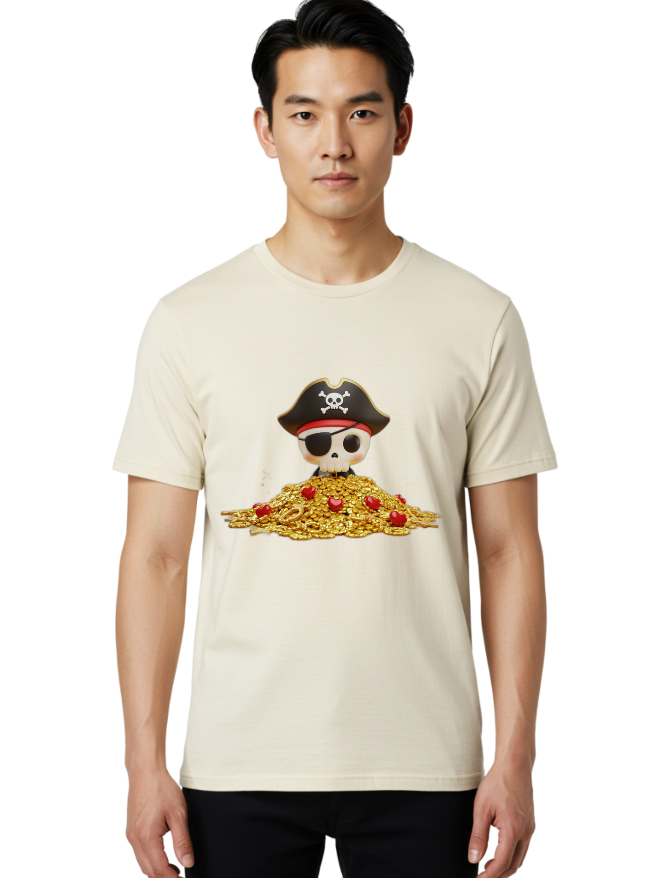 Pirate-Skull Men'S Graphic Tee, 100% Cotton, Comfortable Casual Summer Wear, Machine Washable, Pirate Skull, Treasure Pile, Gold Coins, Jewels, Eye Patch, Pirate Hat, Skull And Crossbones, Pirate Booty, Swashbuckling Adventure, Treasure Hunt, Bad442 18
