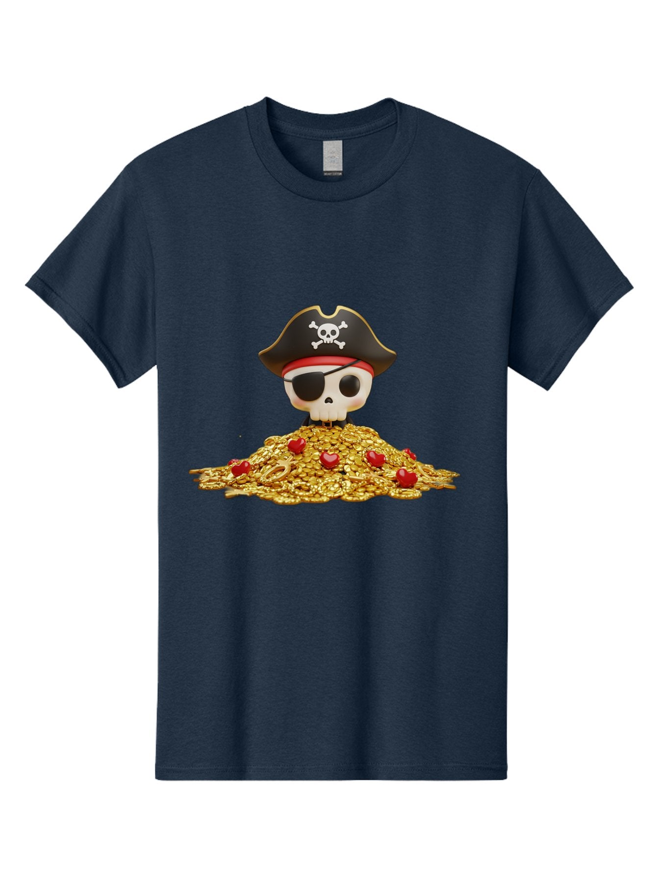 Pirate-Skull Men'S Graphic Tee, 100% Cotton, Comfortable Casual Summer Wear, Machine Washable, Pirate Skull, Treasure Pile, Gold Coins, Jewels, Eye Patch, Pirate Hat, Skull And Crossbones, Pirate Booty, Swashbuckling Adventure, Treasure Hunt, Bad442