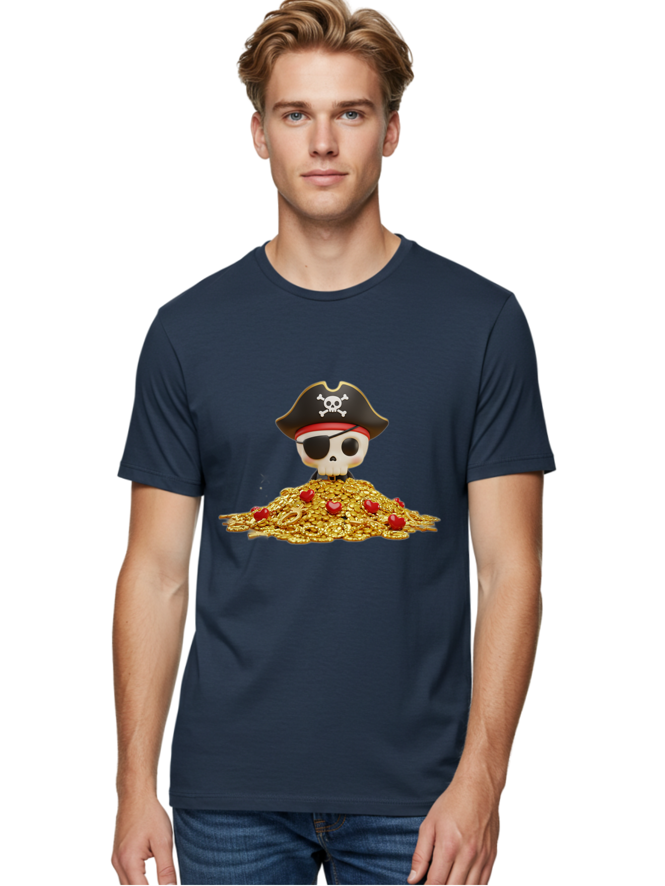 Pirate-Skull Men'S Graphic Tee, 100% Cotton, Comfortable Casual Summer Wear, Machine Washable, Pirate Skull, Treasure Pile, Gold Coins, Jewels, Eye Patch, Pirate Hat, Skull And Crossbones, Pirate Booty, Swashbuckling Adventure, Treasure Hunt, Bad442 26