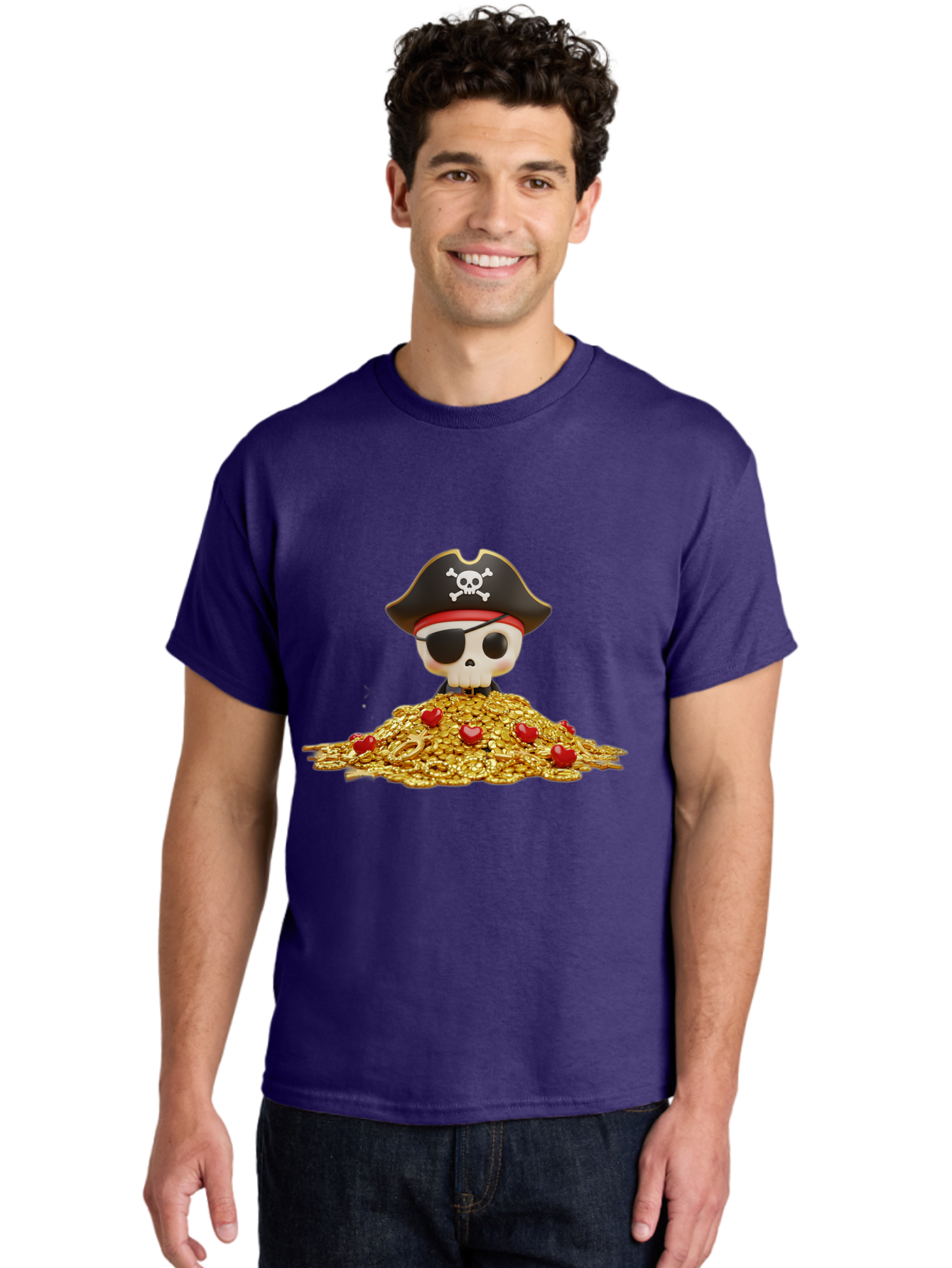 Pirate-Skull Men'S Graphic Tee, 100% Cotton, Comfortable Casual Summer Wear, Machine Washable, Pirate Skull, Treasure Pile, Gold Coins, Jewels, Eye Patch, Pirate Hat, Skull And Crossbones, Pirate Booty, Swashbuckling Adventure, Treasure Hunt, Bad442 19