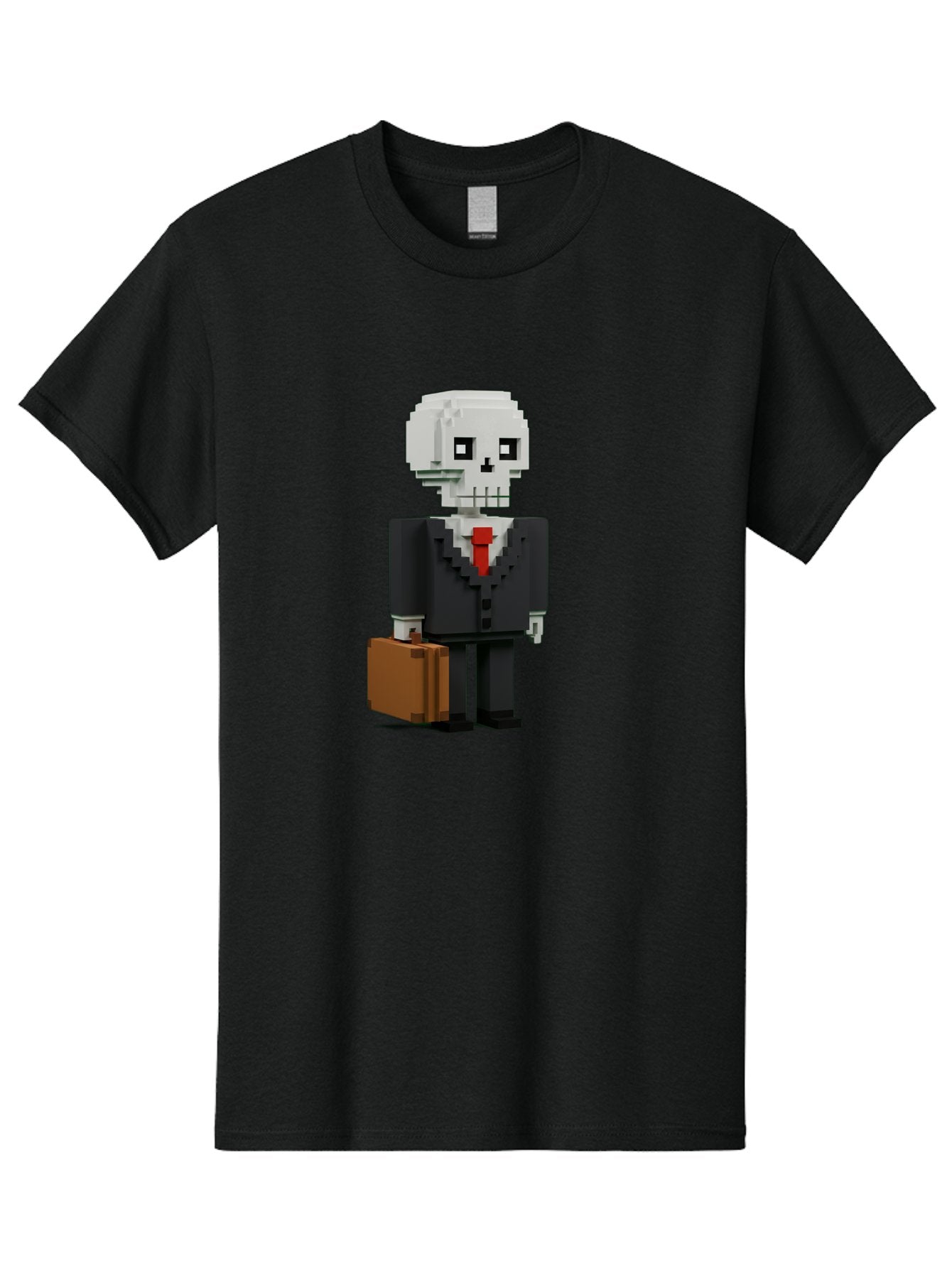 Pixel-Skull-Businessman Men'S Graphic Tee, 100% Cotton, Comfortable Casual Summer Wear, Machine Washable, Pixel Art Skeleton, Skull Character, Business Attire, Black Suit, Red Tie, Briefcase, Video Game Style, Cartoon Character, Bad443