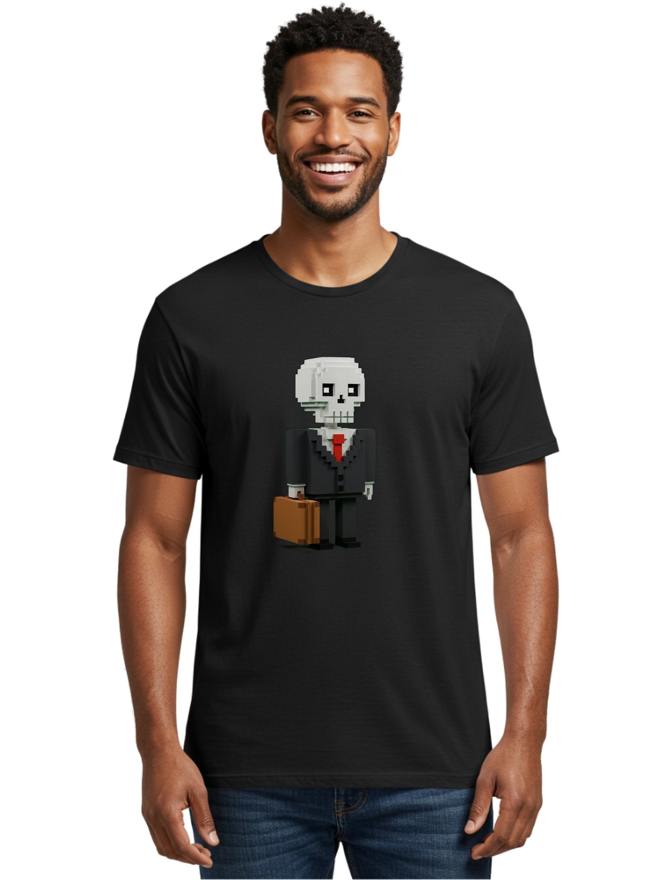 Pixel-Skull-Businessman Men'S Graphic Tee, 100% Cotton, Comfortable Casual Summer Wear, Machine Washable, Pixel Art Skeleton, Skull Character, Business Attire, Black Suit, Red Tie, Briefcase, Video Game Style, Cartoon Character, Bad443 19