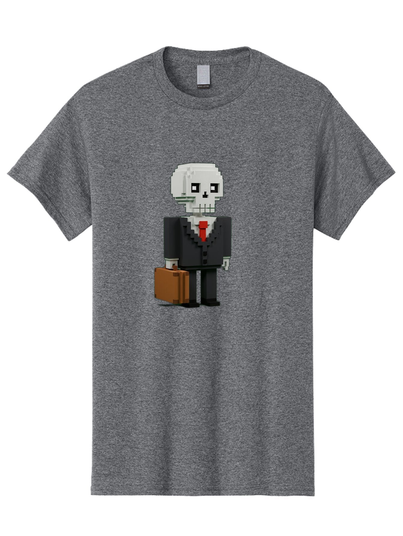 Pixel-Skull-Businessman Men'S Graphic Tee, 100% Cotton, Comfortable Casual Summer Wear, Machine Washable, Pixel Art Skeleton, Skull Character, Business Attire, Black Suit, Red Tie, Briefcase, Video Game Style, Cartoon Character, Bad443