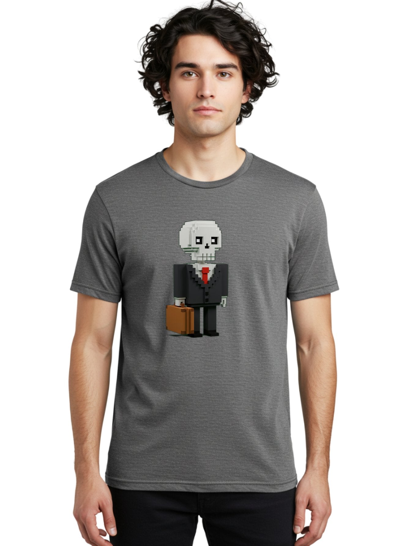 Pixel-Skull-Businessman Men'S Graphic Tee, 100% Cotton, Comfortable Casual Summer Wear, Machine Washable, Pixel Art Skeleton, Skull Character, Business Attire, Black Suit, Red Tie, Briefcase, Video Game Style, Cartoon Character, Bad443 21