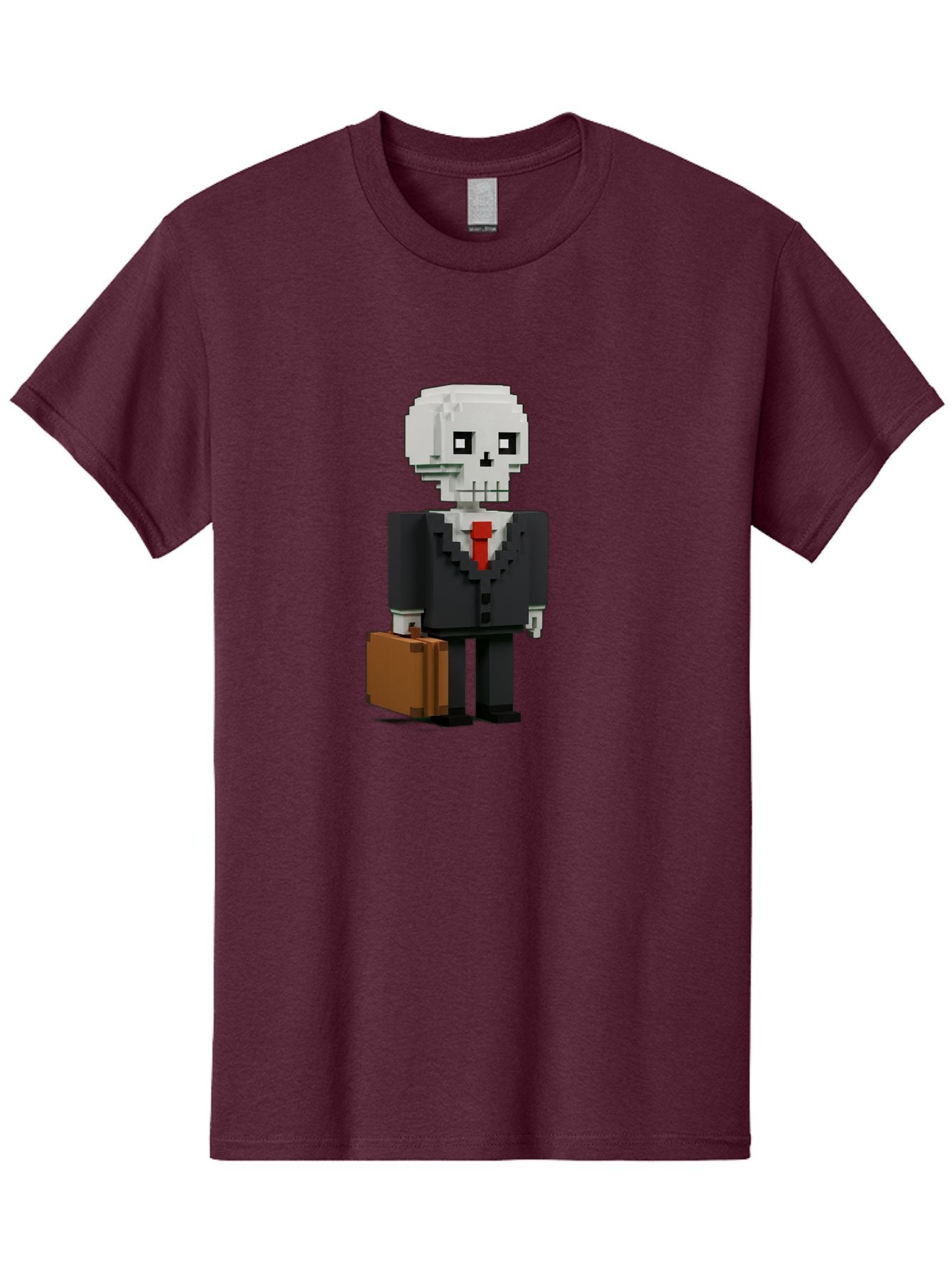 Pixel-Skull-Businessman Men'S Graphic Tee, 100% Cotton, Comfortable Casual Summer Wear, Machine Washable, Pixel Art Skeleton, Skull Character, Business Attire, Black Suit, Red Tie, Briefcase, Video Game Style, Cartoon Character, Bad443 3