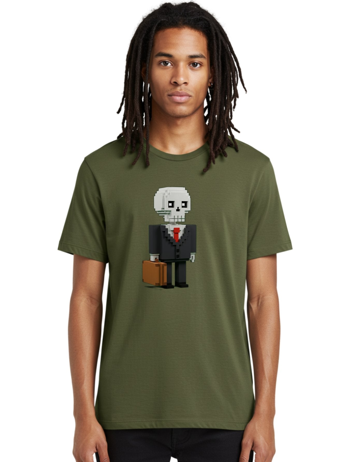 Pixel-Skull-Businessman Men'S Graphic Tee, 100% Cotton, Comfortable Casual Summer Wear, Machine Washable, Pixel Art Skeleton, Skull Character, Business Attire, Black Suit, Red Tie, Briefcase, Video Game Style, Cartoon Character, Bad443 27
