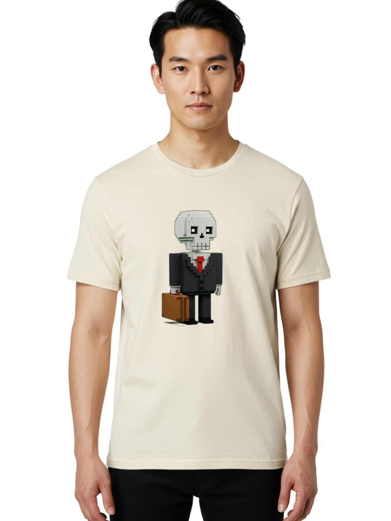 Pixel-Skull-Businessman Men'S Graphic Tee, 100% Cotton, Comfortable Casual Summer Wear, Machine Washable, Pixel Art Skeleton, Skull Character, Business Attire, Black Suit, Red Tie, Briefcase, Video Game Style, Cartoon Character, Bad443 29