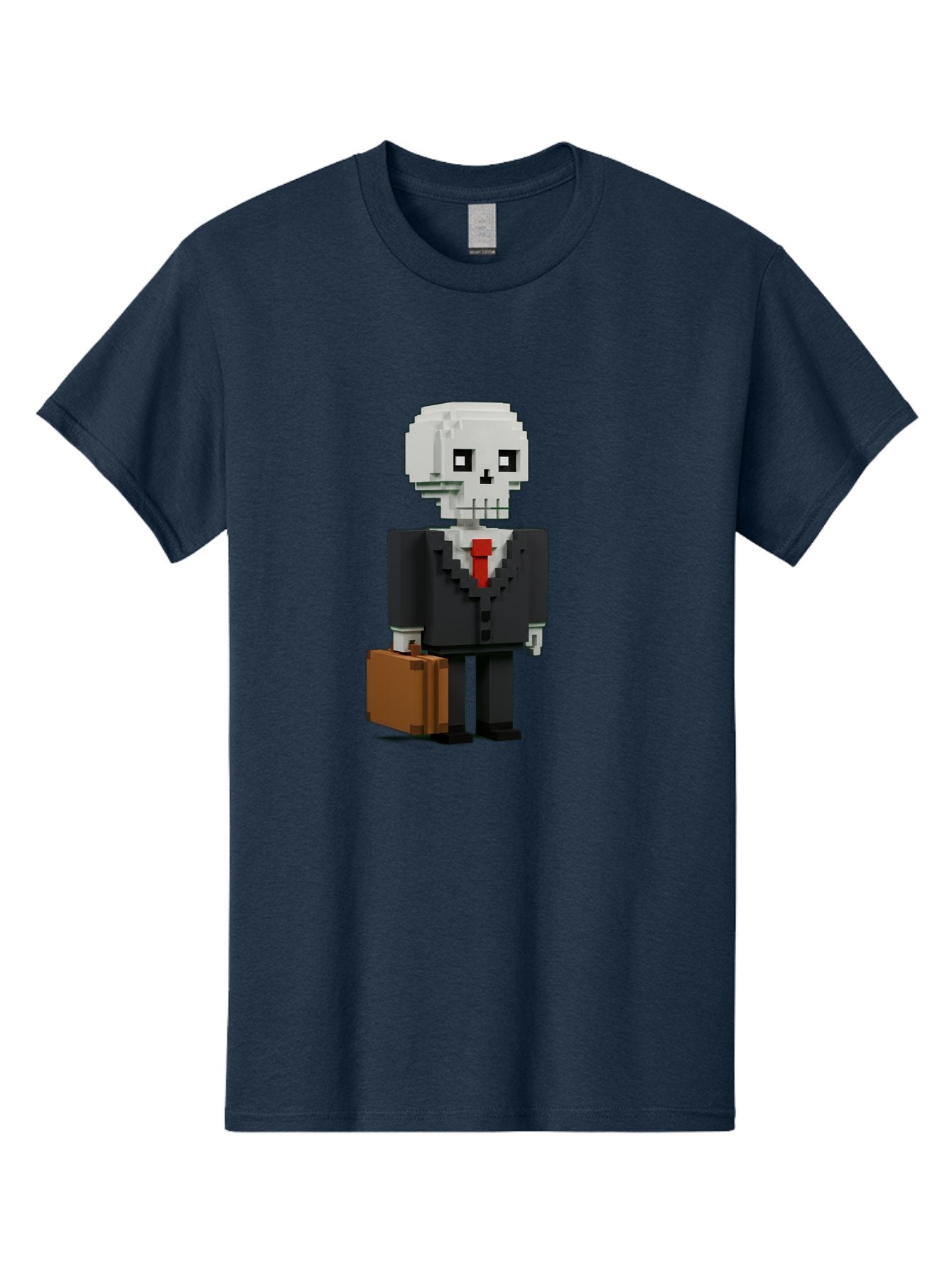 Pixel-Skull-Businessman Men'S Graphic Tee, 100% Cotton, Comfortable Casual Summer Wear, Machine Washable, Pixel Art Skeleton, Skull Character, Business Attire, Black Suit, Red Tie, Briefcase, Video Game Style, Cartoon Character, Bad443 8