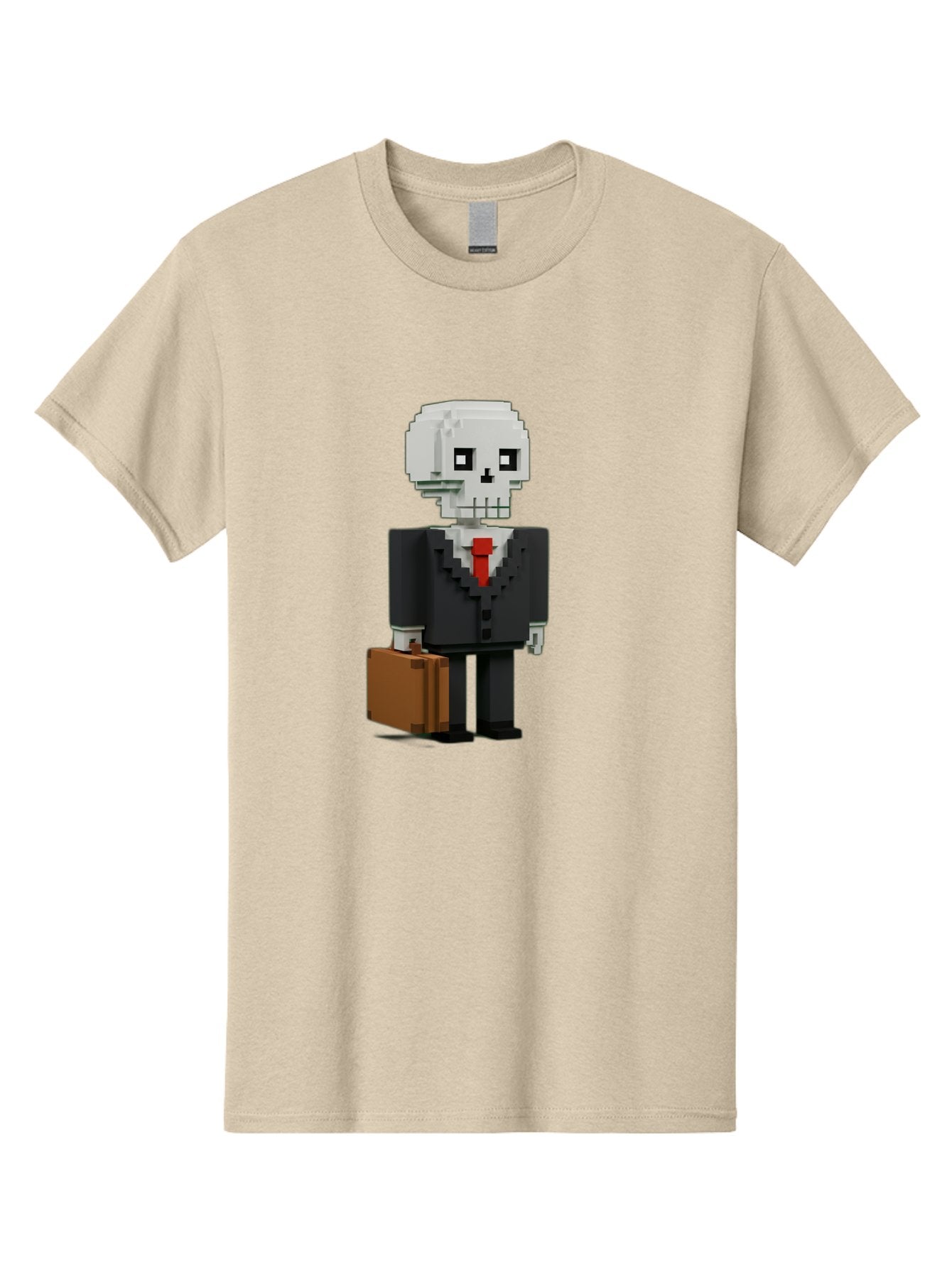 Pixel-Skull-Businessman Men'S Graphic Tee, 100% Cotton, Comfortable Casual Summer Wear, Machine Washable, Pixel Art Skeleton, Skull Character, Business Attire, Black Suit, Red Tie, Briefcase, Video Game Style, Cartoon Character, Bad443 9