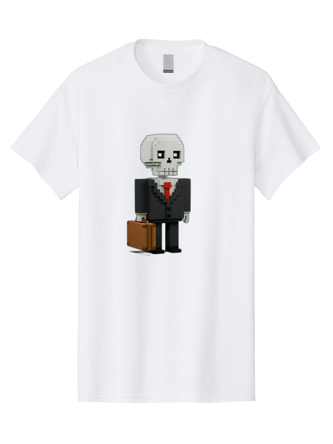 Pixel-Skull-Businessman Men'S Graphic Tee, 100% Cotton, Comfortable Casual Summer Wear, Machine Washable, Pixel Art Skeleton, Skull Character, Business Attire, Black Suit, Red Tie, Briefcase, Video Game Style, Cartoon Character, Bad443 4
