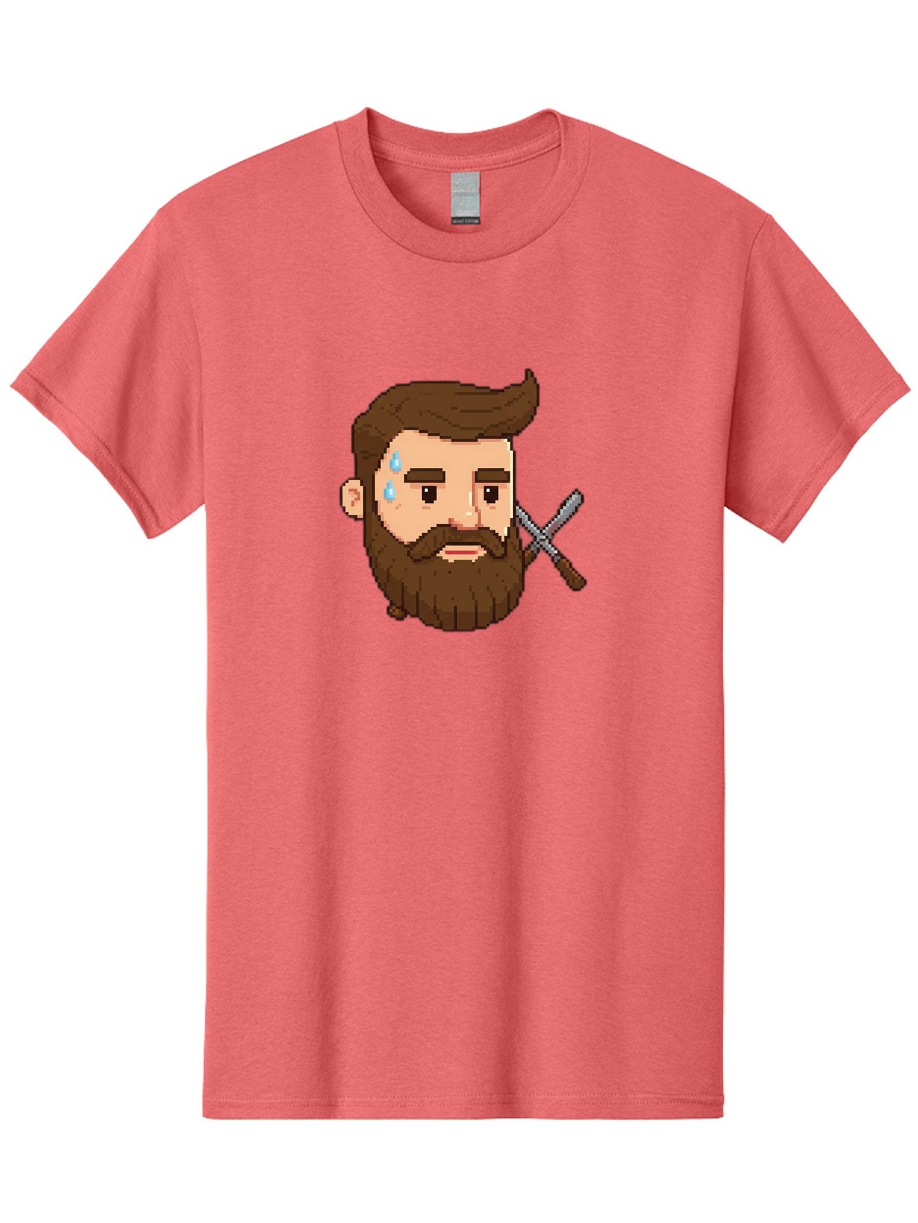 Pixelated-Bearded-Man-With-Swords Men'S Graphic Tee, 100% Cotton, Comfortable Casual Summer Wear, Machine Washable, Pixel Art, Bearded Man Crying, Sadness, Regret, Razor In Hand, Grooming Gone Wrong, Despair, Shaving Mishap, Bad444 14