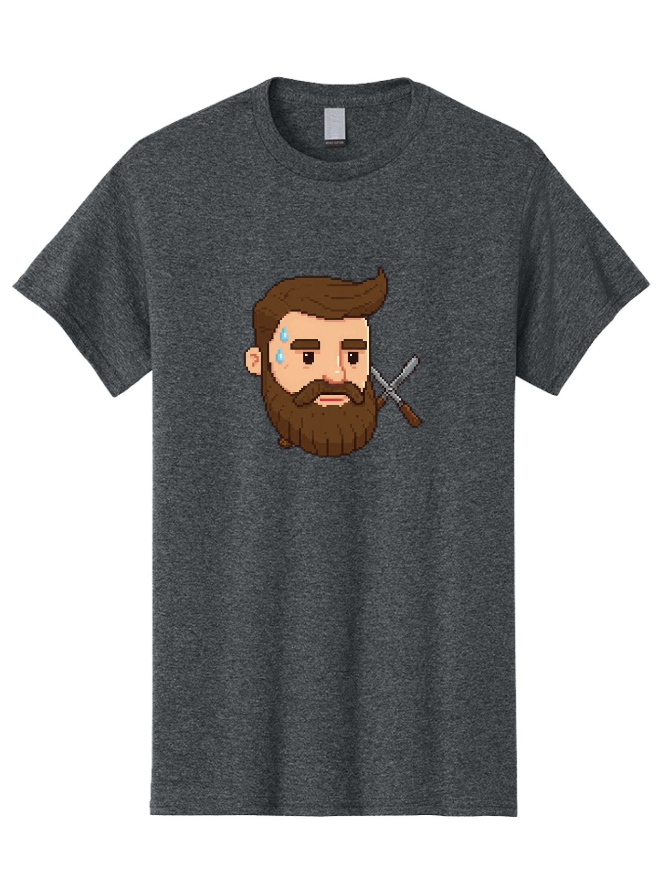 Pixelated-Bearded-Man-With-Swords Men'S Graphic Tee, 100% Cotton, Comfortable Casual Summer Wear, Machine Washable, Pixel Art, Bearded Man Crying, Sadness, Regret, Razor In Hand, Grooming Gone Wrong, Despair, Shaving Mishap, Bad444 15