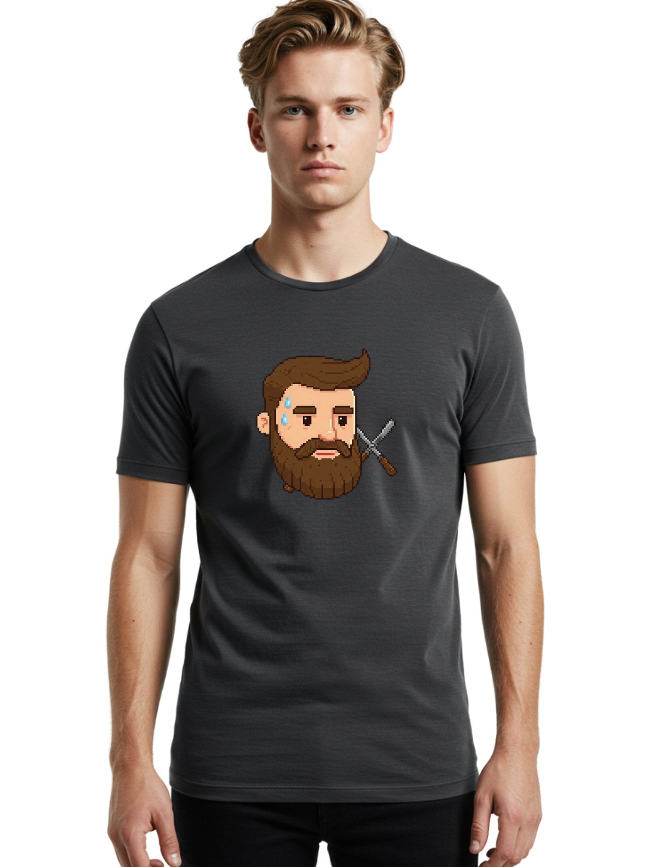 Pixelated-Bearded-Man-With-Swords Men'S Graphic Tee, 100% Cotton, Comfortable Casual Summer Wear, Machine Washable, Pixel Art, Bearded Man Crying, Sadness, Regret, Razor In Hand, Grooming Gone Wrong, Despair, Shaving Mishap, Bad444 30