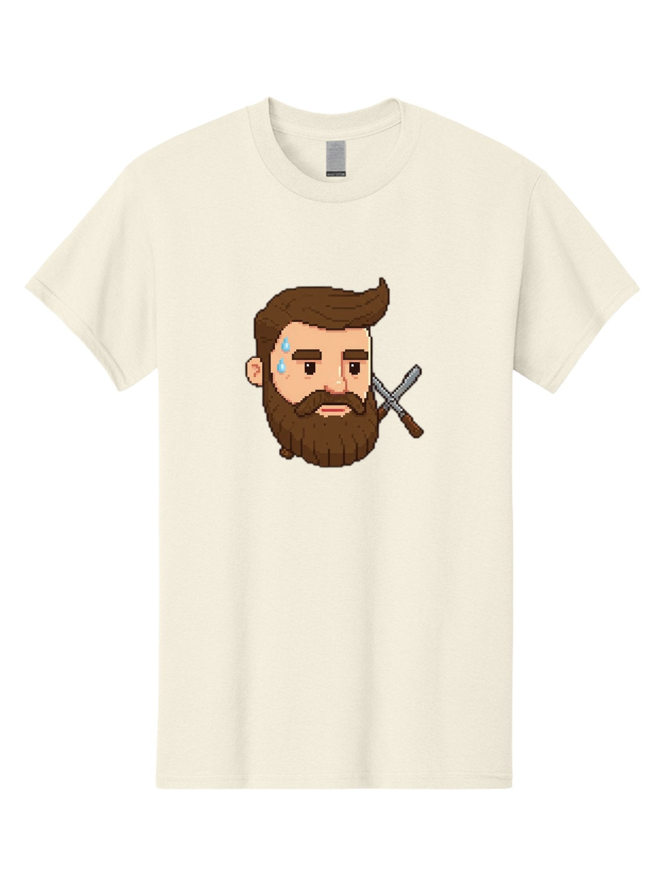 Pixelated-Bearded-Man-With-Swords Men'S Graphic Tee, 100% Cotton, Comfortable Casual Summer Wear, Machine Washable, Pixel Art, Bearded Man Crying, Sadness, Regret, Razor In Hand, Grooming Gone Wrong, Despair, Shaving Mishap, Bad444 9