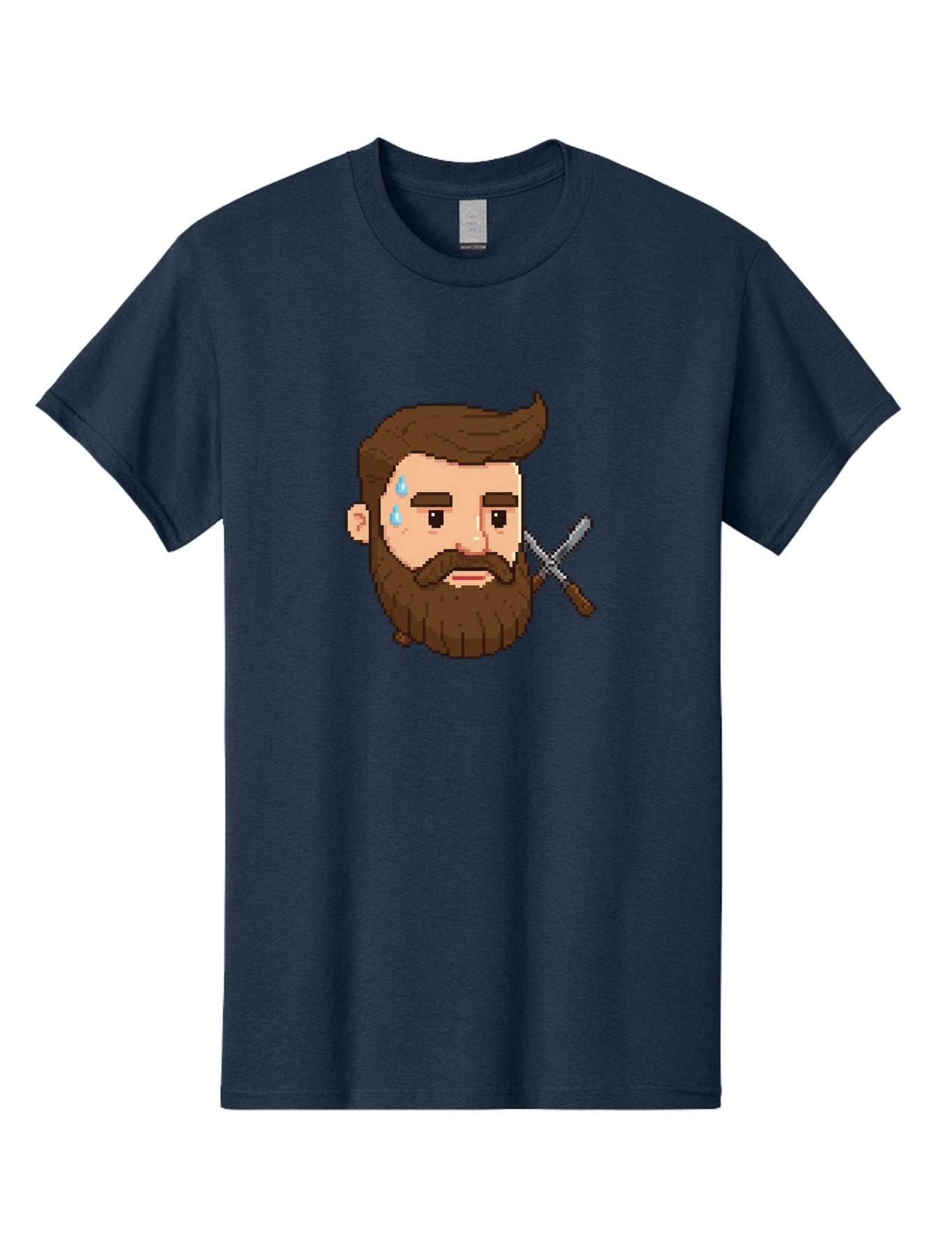 Pixelated-Bearded-Man-With-Swords Men'S Graphic Tee, 100% Cotton, Comfortable Casual Summer Wear, Machine Washable, Pixel Art, Bearded Man Crying, Sadness, Regret, Razor In Hand, Grooming Gone Wrong, Despair, Shaving Mishap, Bad444 11