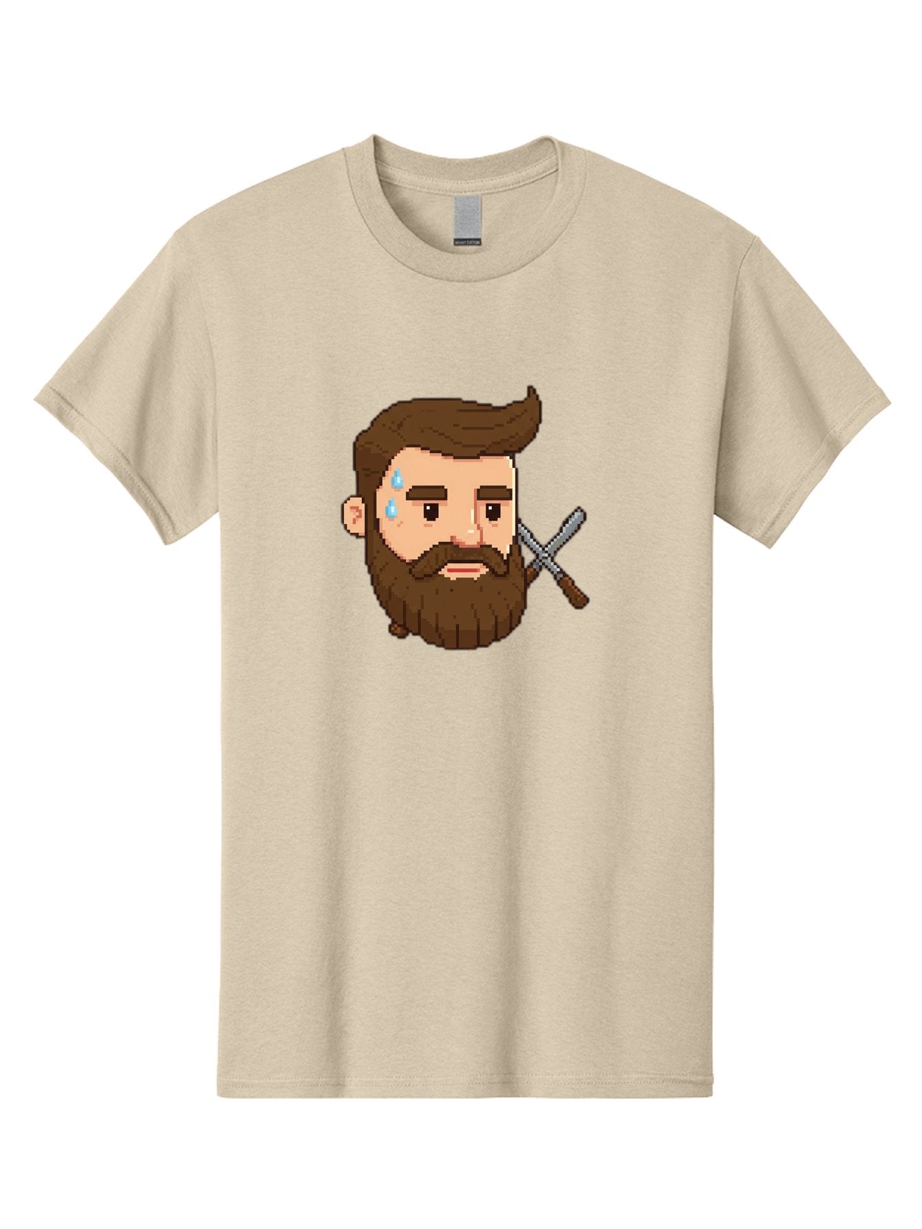 Pixelated-Bearded-Man-With-Swords Men'S Graphic Tee, 100% Cotton, Comfortable Casual Summer Wear, Machine Washable, Pixel Art, Bearded Man Crying, Sadness, Regret, Razor In Hand, Grooming Gone Wrong, Despair, Shaving Mishap, Bad444