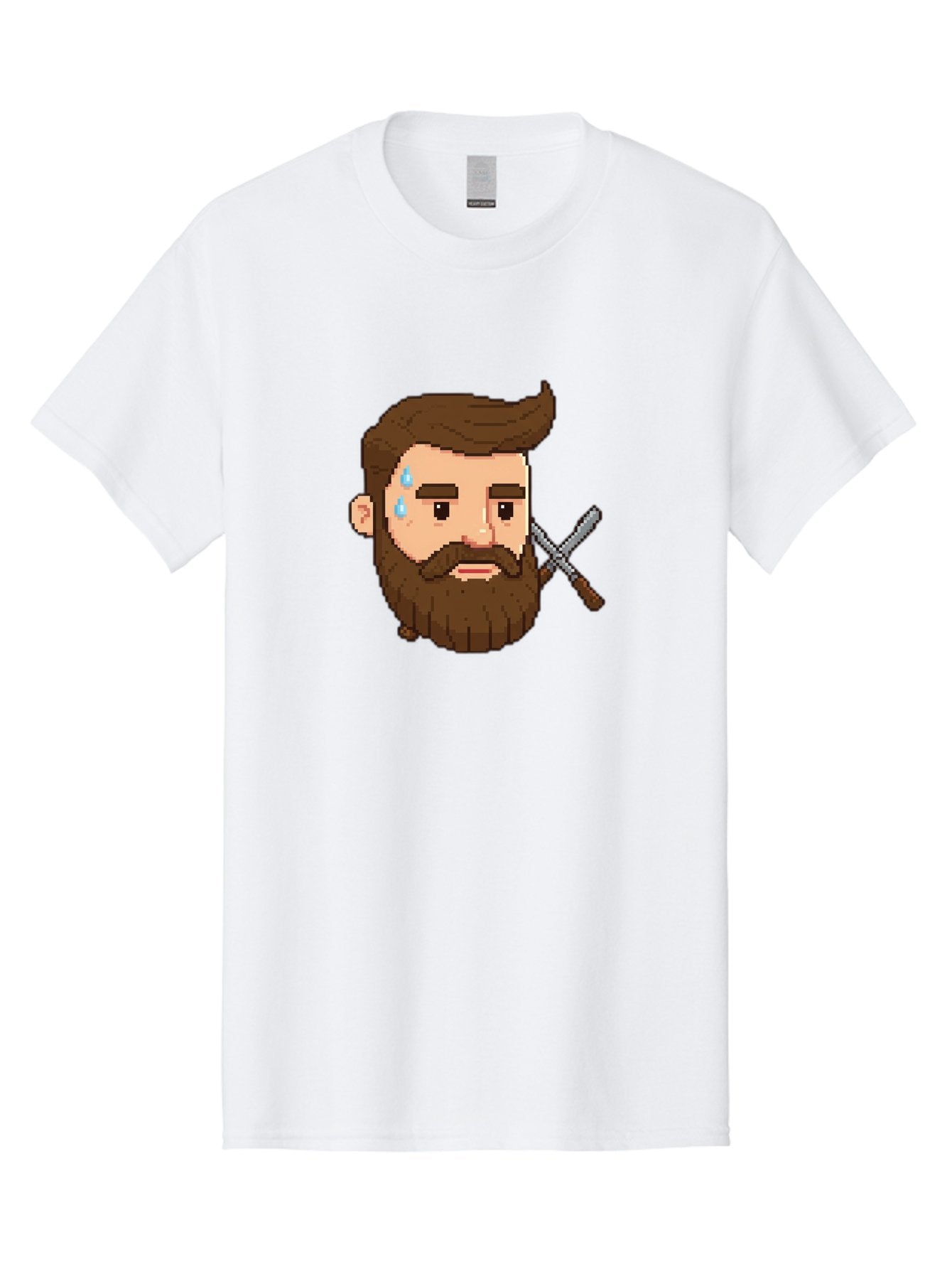 Pixelated-Bearded-Man-With-Swords Men'S Graphic Tee, 100% Cotton, Comfortable Casual Summer Wear, Machine Washable, Pixel Art, Bearded Man Crying, Sadness, Regret, Razor In Hand, Grooming Gone Wrong, Despair, Shaving Mishap, Bad444 12