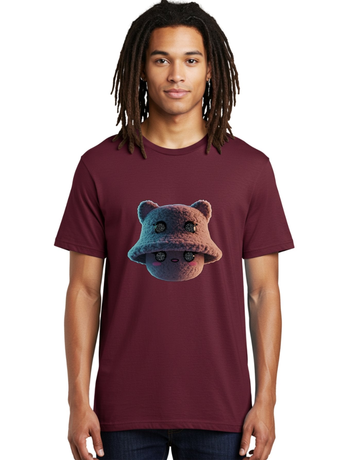 Plushie-Character Men'S Graphic Tee, 100% Cotton, Comfortable Casual Summer Wear, Machine Washable, Cute Cartoon Character, Fluffy Teddy Bear, Kawaii Plush Toy, Round Face, Sparkly Eyes, Soft Pink Cheeks, Funny Expression, Endearing Design, Bad447 30