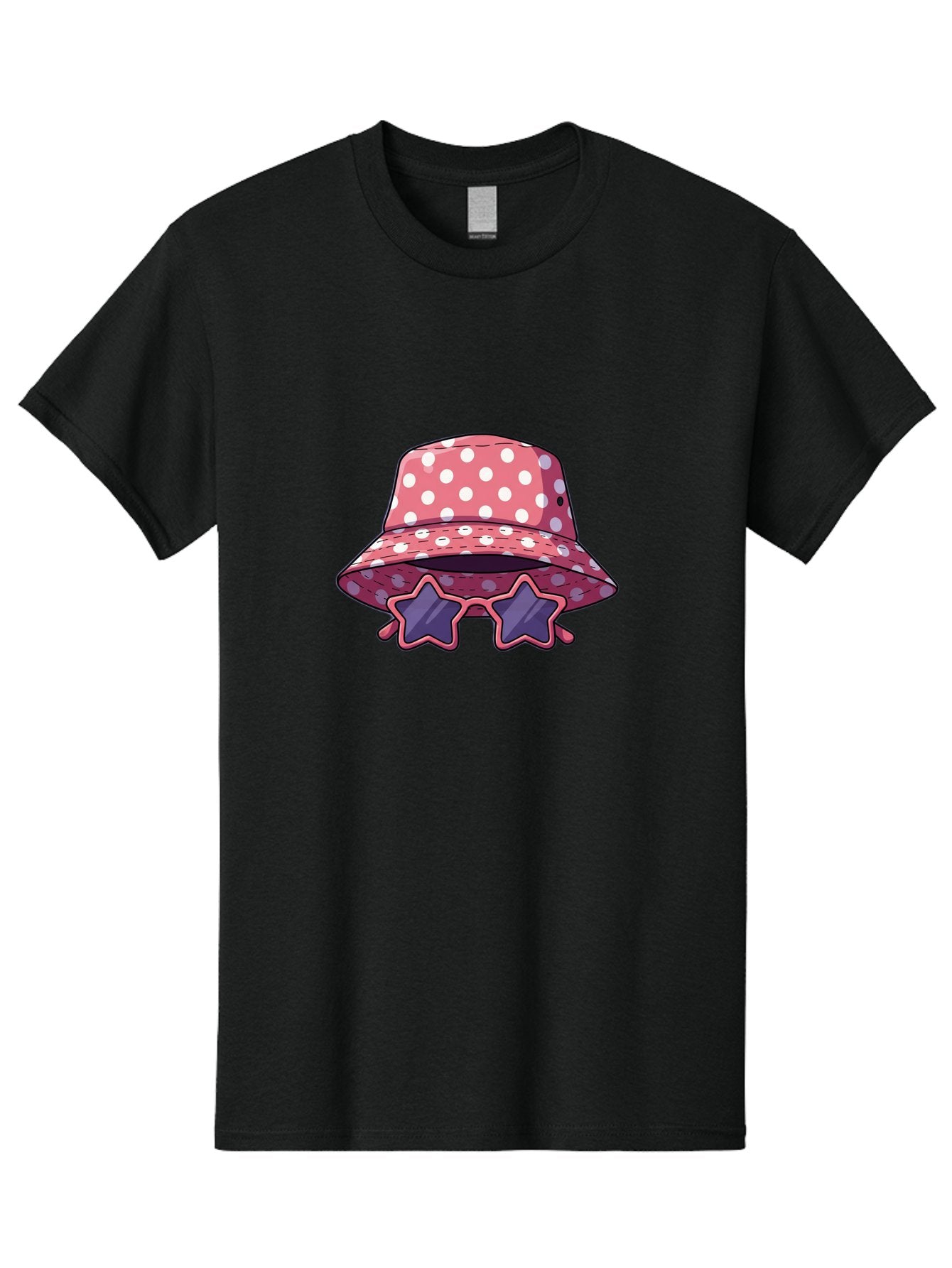 Polka-Dot-Bucket-Hat-Star-Sunglasses Men'S Graphic Tee, 100% Cotton, Comfortable Casual Summer Wear, Machine Washable, Polka Dot Bucket Hat, Star-Shaped Sunglasses, Fashion Accessories, Trendy Summer Style, Playful Design, Bad448 5