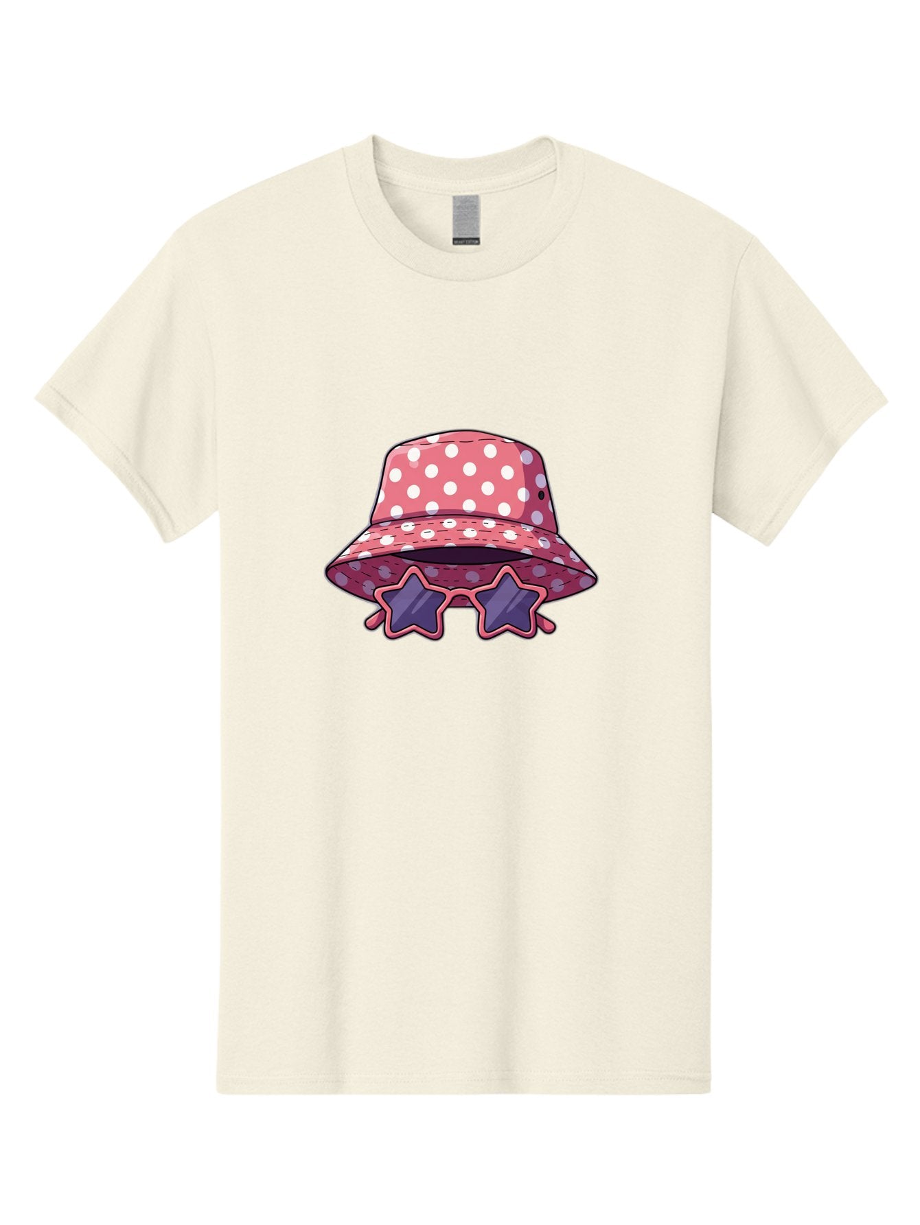 Polka-Dot-Bucket-Hat-Star-Sunglasses Men'S Graphic Tee, 100% Cotton, Comfortable Casual Summer Wear, Machine Washable, Polka Dot Bucket Hat, Star-Shaped Sunglasses, Fashion Accessories, Trendy Summer Style, Playful Design, Bad448 3