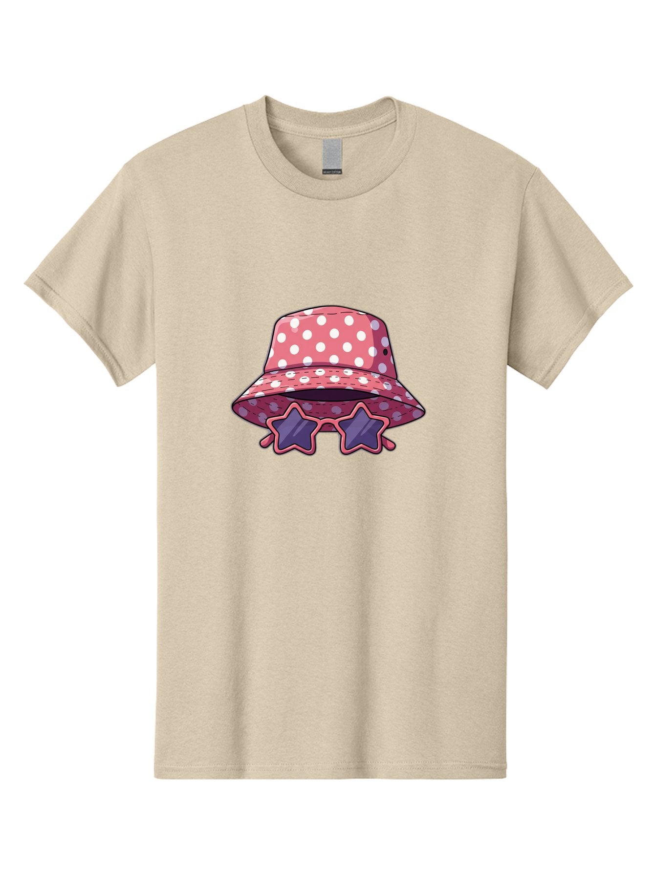 Polka-Dot-Bucket-Hat-Star-Sunglasses Men'S Graphic Tee, 100% Cotton, Comfortable Casual Summer Wear, Machine Washable, Polka Dot Bucket Hat, Star-Shaped Sunglasses, Fashion Accessories, Trendy Summer Style, Playful Design, Bad448 13