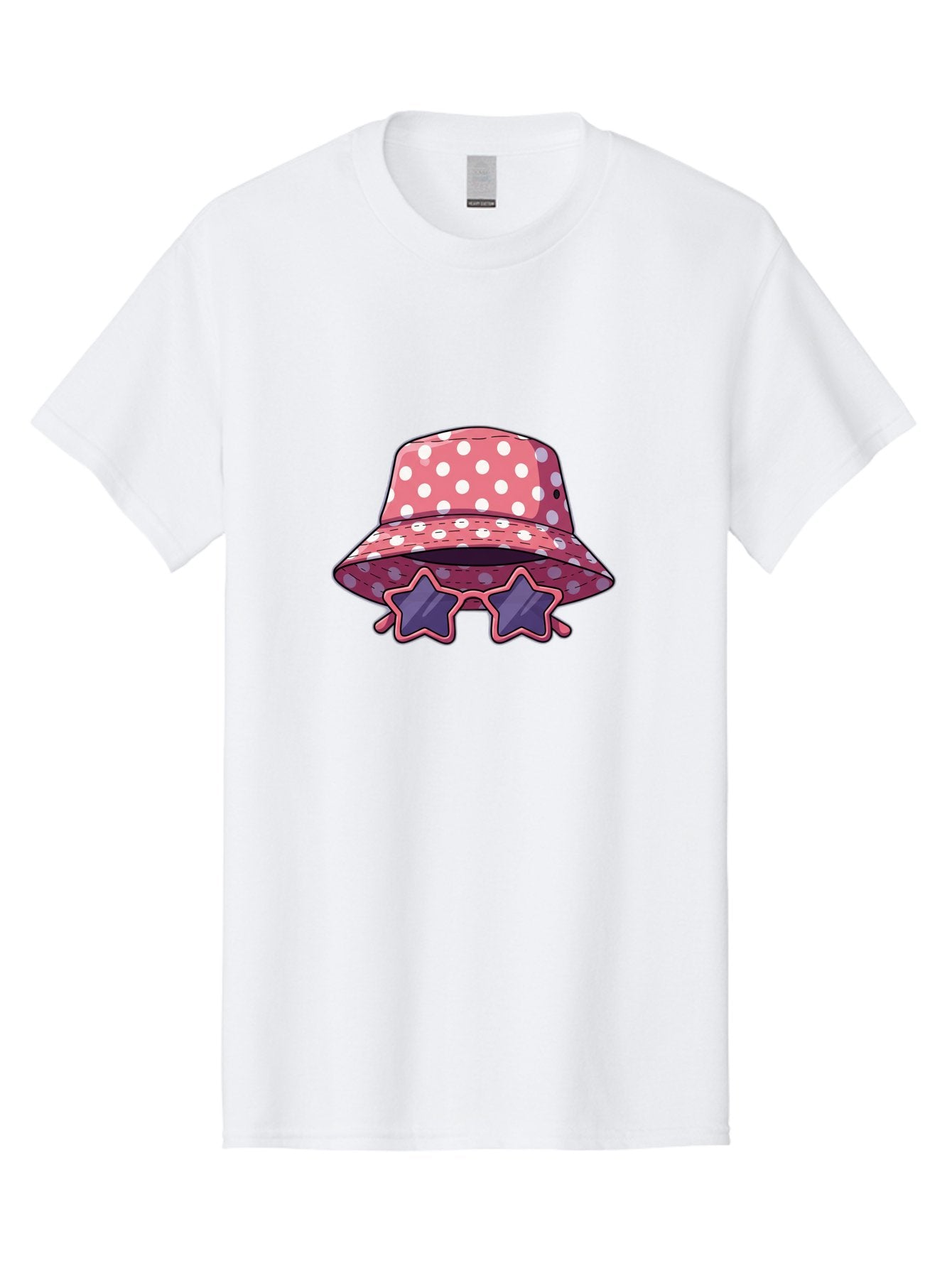 Polka-Dot-Bucket-Hat-Star-Sunglasses Men'S Graphic Tee, 100% Cotton, Comfortable Casual Summer Wear, Machine Washable, Polka Dot Bucket Hat, Star-Shaped Sunglasses, Fashion Accessories, Trendy Summer Style, Playful Design, Bad448 15