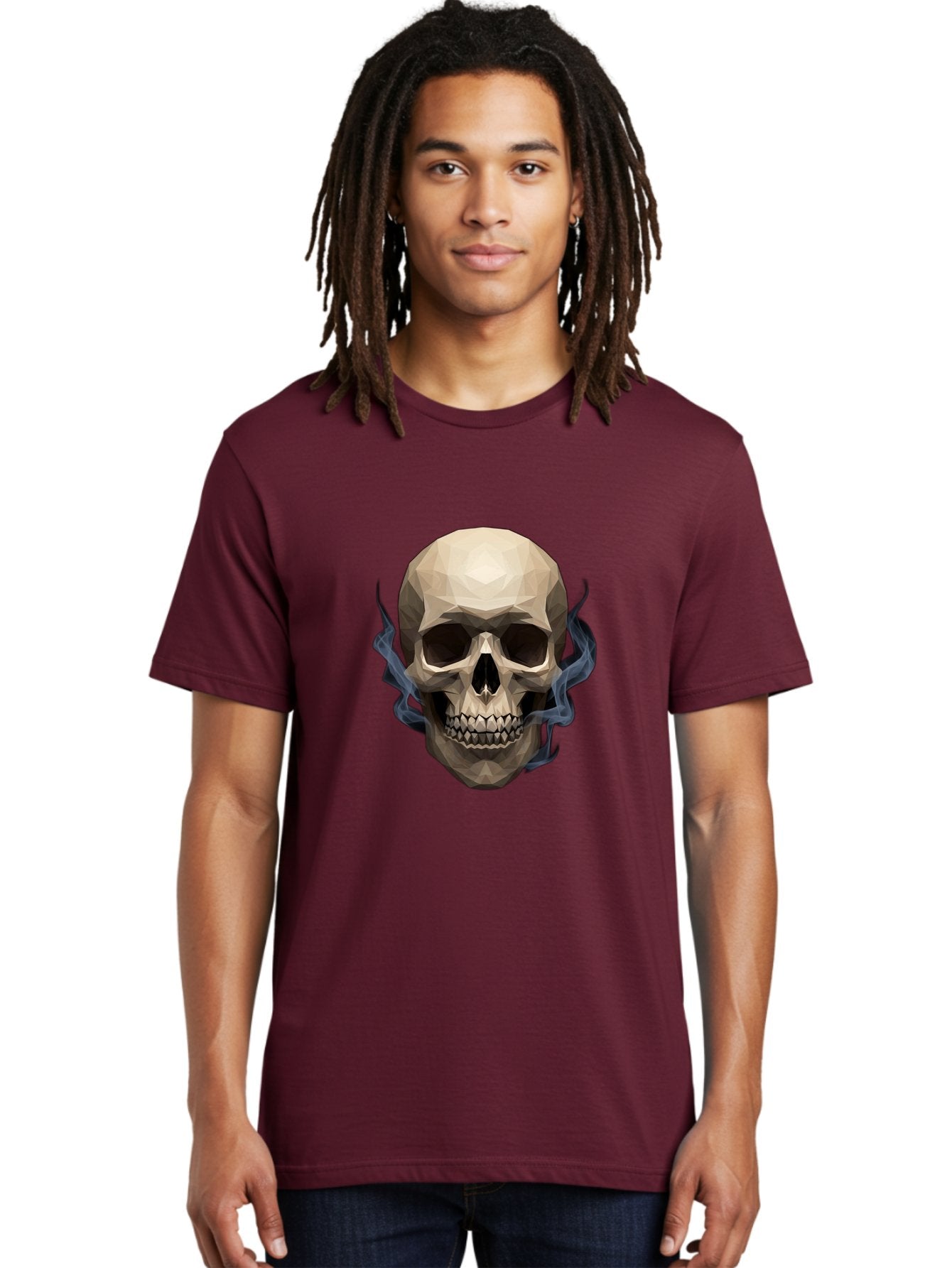 Polygonal-Skull Men'S Graphic Tee, 100% Cotton, Comfortable Casual Summer Wear, Machine Washable, Human Skull, Geometric Shapes, Low Poly Art, Smoke Coming Out, Dark Eye Sockets, Teeth, Mystical, Low Poly, Abstract Art, Skull Design Bad450 19
