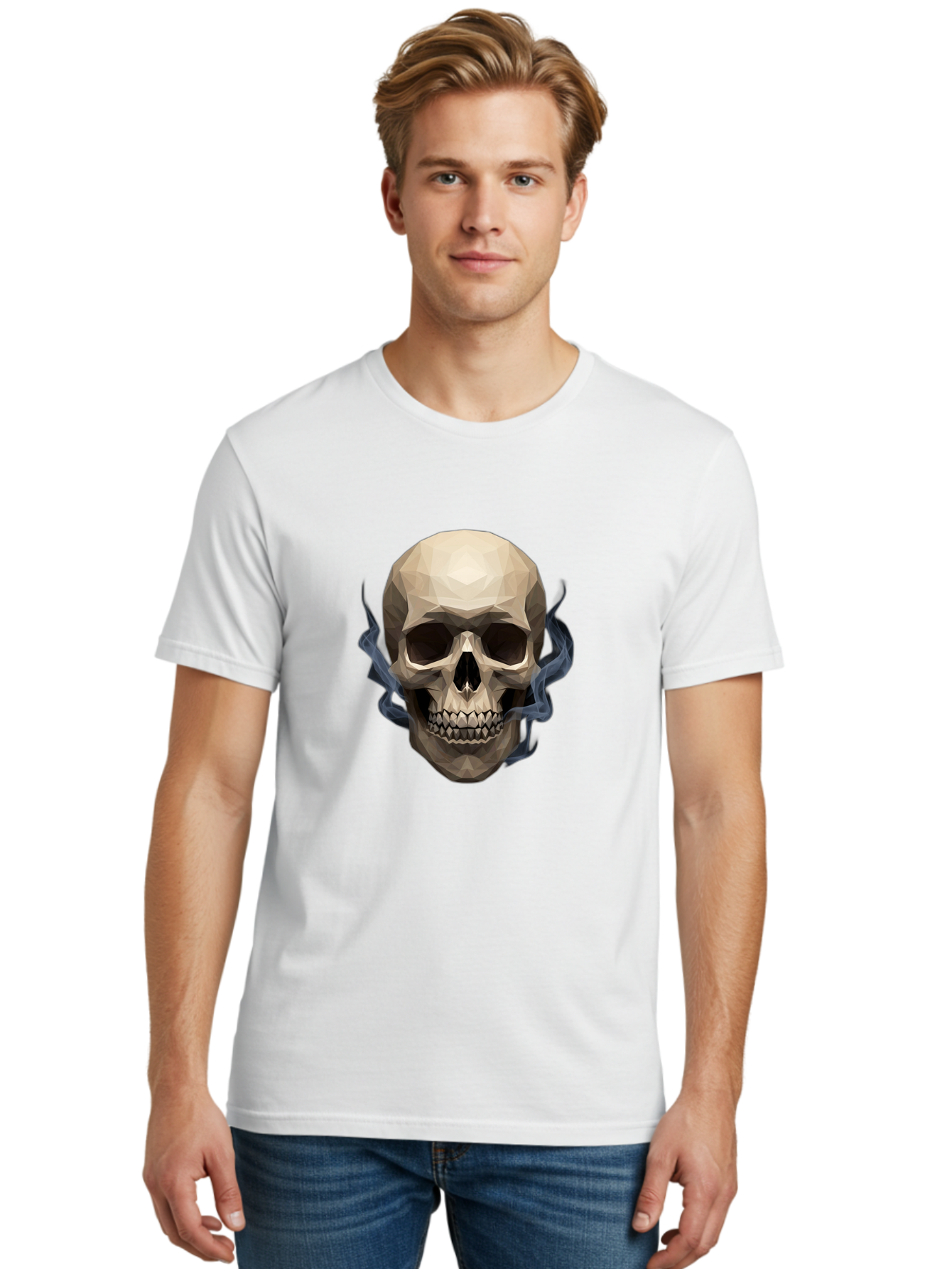 Polygonal-Skull Men'S Graphic Tee, 100% Cotton, Comfortable Casual Summer Wear, Machine Washable, Human Skull, Geometric Shapes, Low Poly Art, Smoke Coming Out, Dark Eye Sockets, Teeth, Mystical, Low Poly, Abstract Art, Skull Design Bad450 24