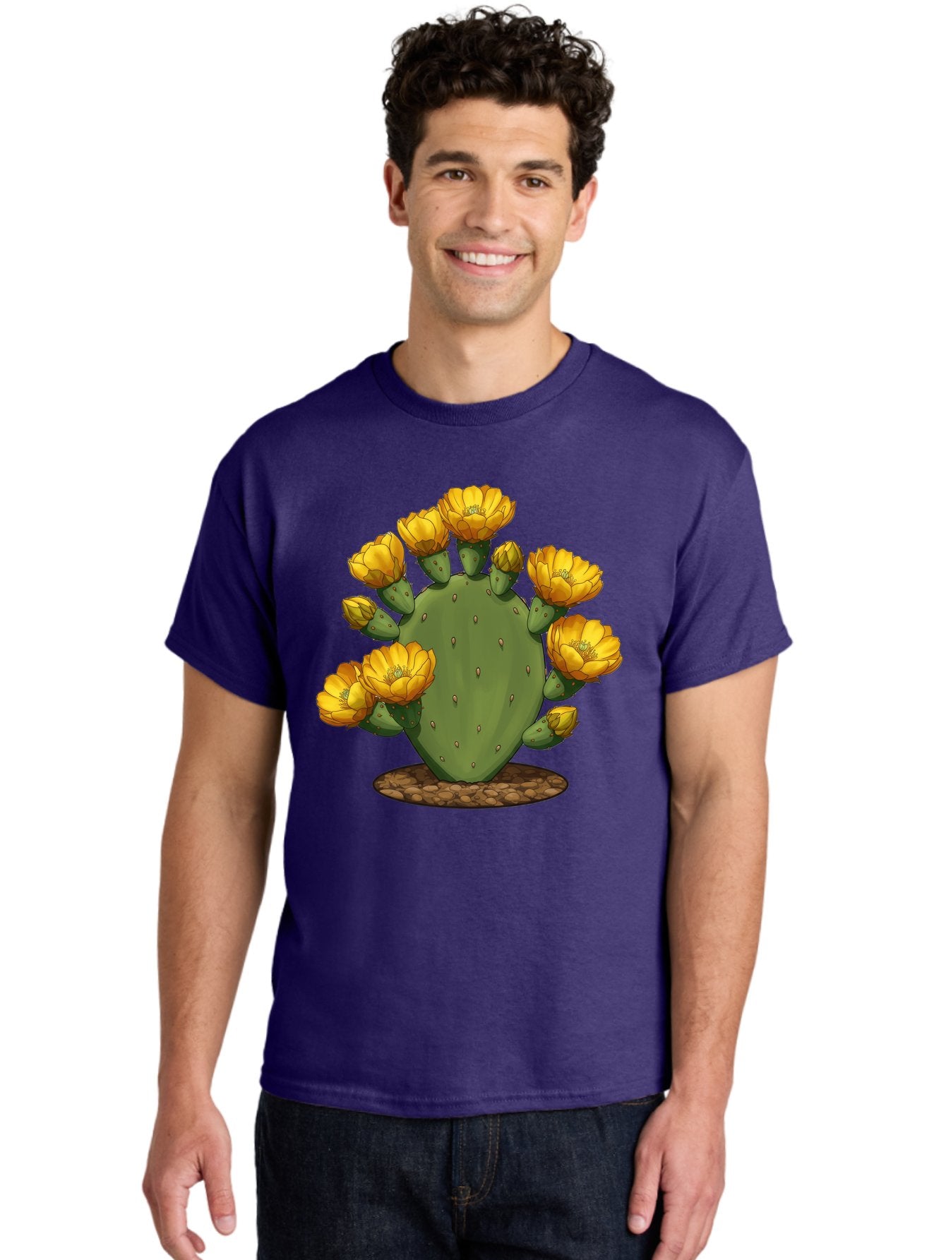 Prickly-Pear-Cactus Men'S Graphic Tee, 100% Cotton, Comfortable Casual Summer Wear, Machine Washable, Prickly Pear Cactus, Yellow Flowers, Desert Plant, Cactus Flowers, Vibrant Yellow, Succulent, Desert Garden, Floral Arrangement, Pears, Bad454 30
