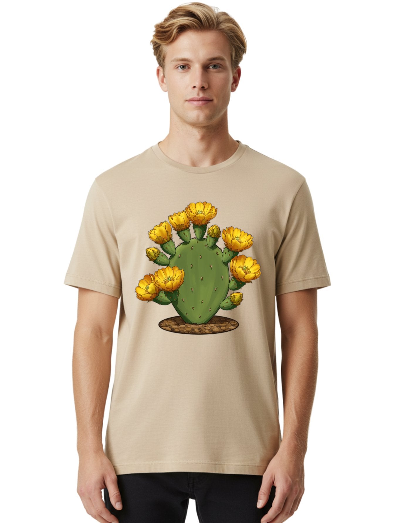 Prickly-Pear-Cactus Men'S Graphic Tee, 100% Cotton, Comfortable Casual Summer Wear, Machine Washable, Prickly Pear Cactus, Yellow Flowers, Desert Plant, Cactus Flowers, Vibrant Yellow, Succulent, Desert Garden, Floral Arrangement, Pears, Bad454 22