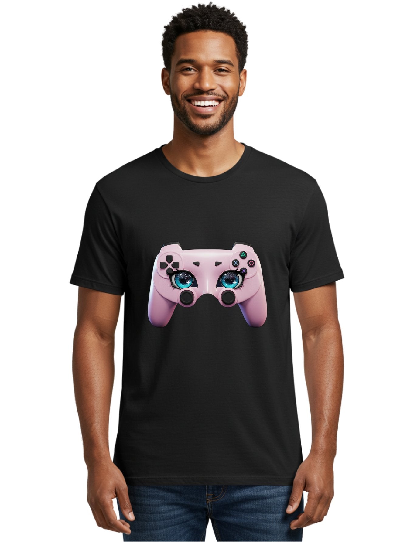 Ps4-Controller Men'S Graphic Tee, 100% Cotton, Comfortable Casual Summer Wear, Machine Washable, Pastel Pink Controller, Kawaii Gaming, Blue Eyes, Eyelashes, Ps4, Gaming, Kawaii Art, Pastel Colors, Cartoon Style, Video Game Bad455 30